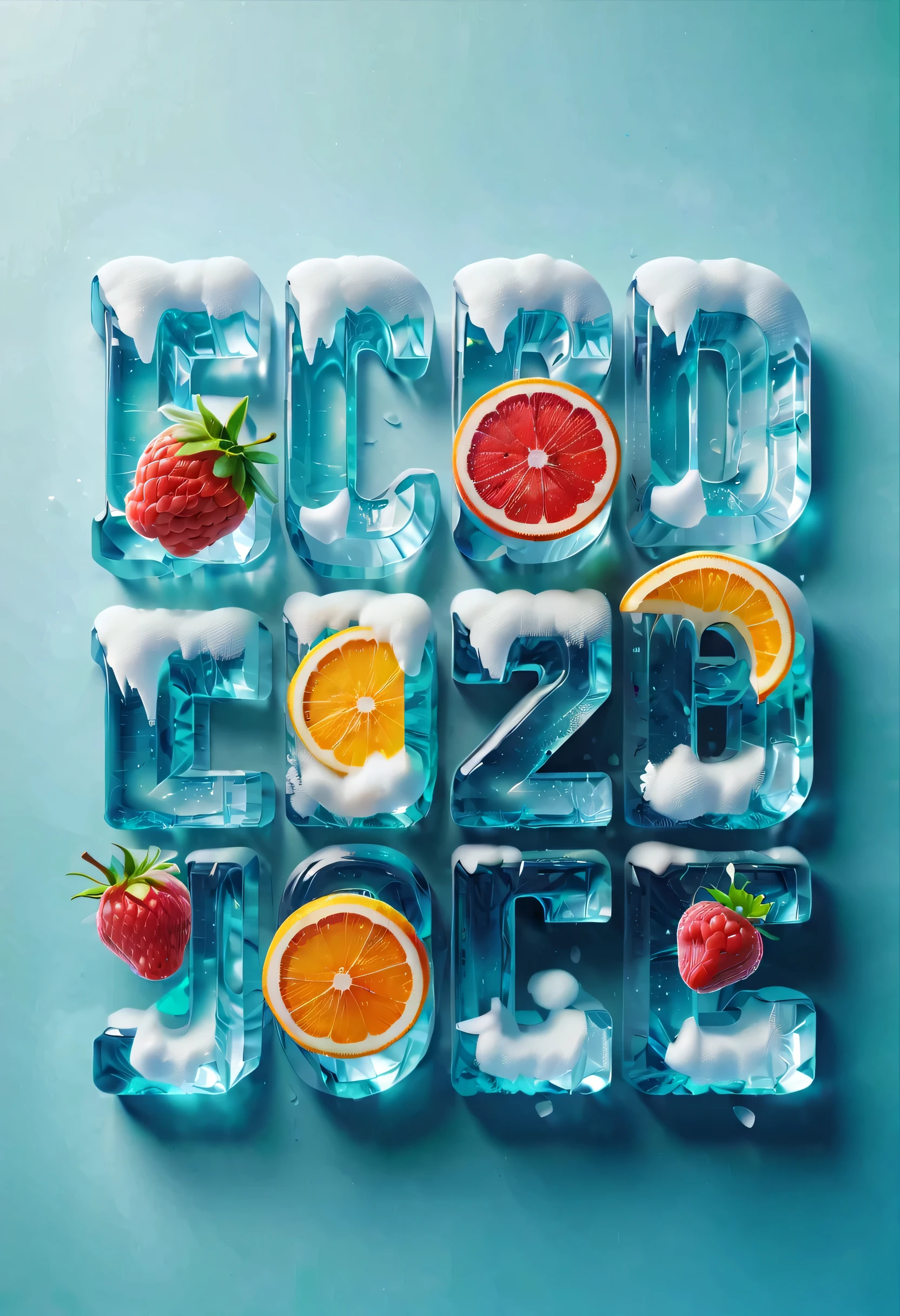 (best quality,4K,8k,high resolution,masterpiece:1.2),Super detailed,(actual,photoactual,photo-actual:1.37),Creative font design,icy texture,crystal ice,snow,cold,snowflakes,crack,summer,Delicious fruits,Detailed ice texture,dark background,sparkling texture,frozen mail,flashing icy patterns,refreshing colour,Fruit slices in the sun,Juicy grapes,Chilled watermelon slices,Cool sensation,Juxtaposition of warm and cool colors,Vibrant red strawberries,water drops on fruit,Letter fragments in ice cubes,snow-covered branches,translucent ice shards,crystal clear font,Cool blue tones,Cold format engraving.3D