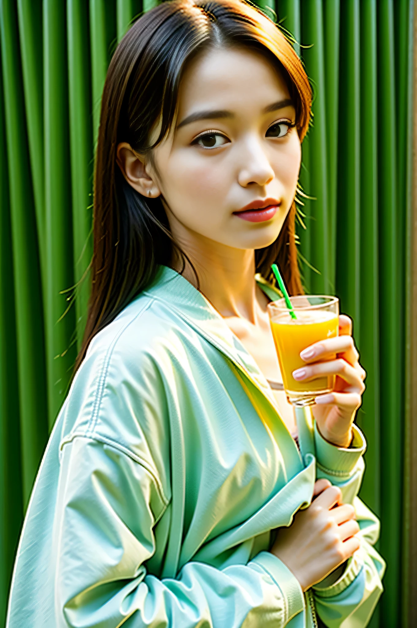 Skin and assimilation, sipping green tea, with SPL logo jacket (details),