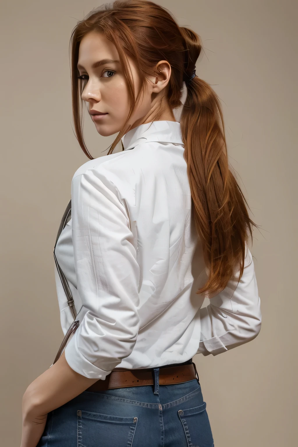 (draw) ((Masterpiece, best quality)) (character design sheet, Same character.., front, side, retrospective, With words written around it..) it'long woman., Red hair and ponytail hairstyle, brown eyes, Wear a bulletproof vest.., Long sleeve shirt with zip closure., White shirt and jeans, retrospectivepack, Stand relaxed..