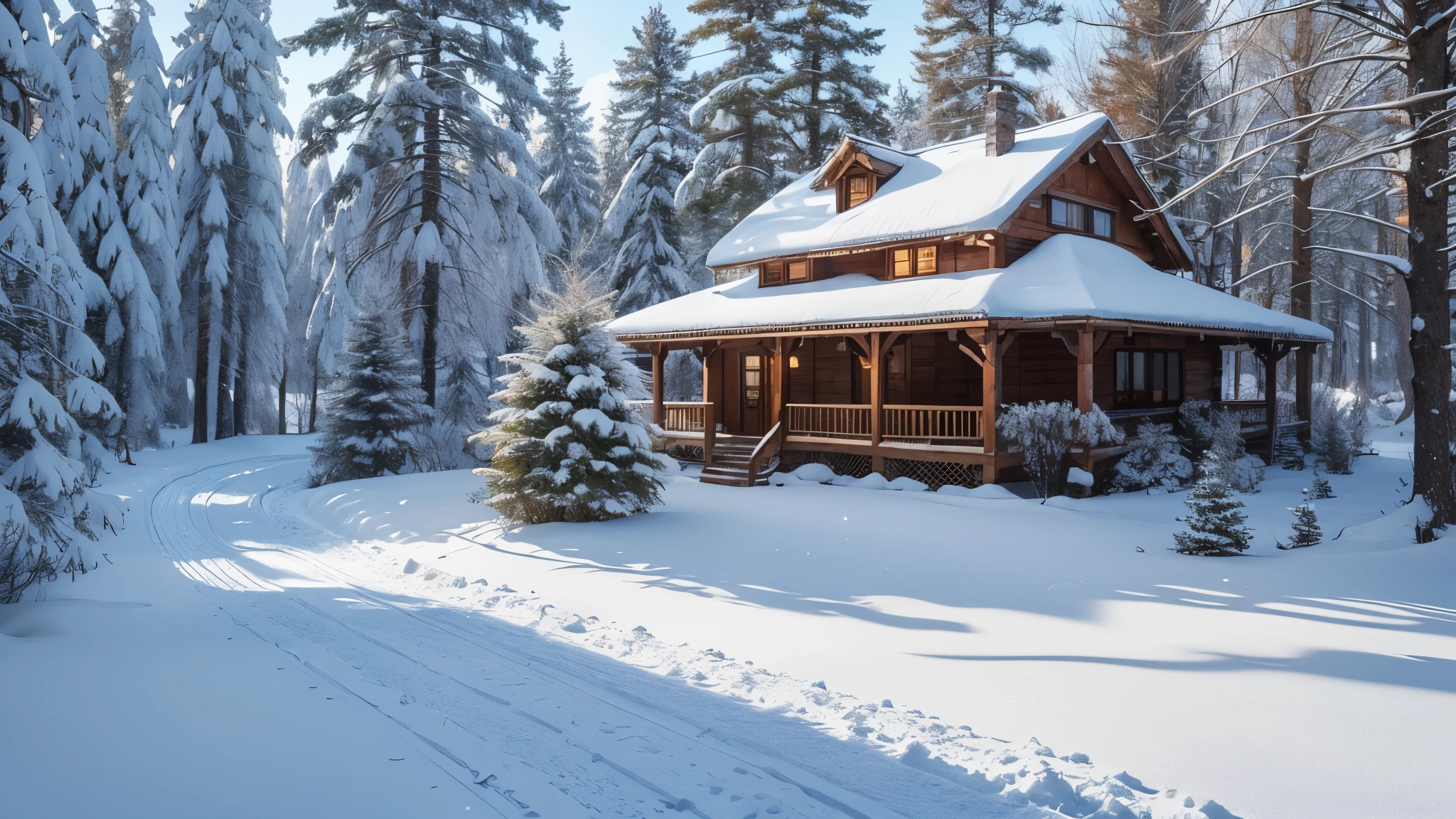 UHD, 8k, high resolution, octane rendering,cute digital art,cute detailed digital art,snowy village in the forest, snowy winter, very magical and dreamy, winter wonderland, magic village, winter scene fantasy, winter, Snow blossoms, winter in the snow, It is covered with snow, winter mood, beautiful winter area,Looking at it from a person&#39;s perspective,extensive landscape,several houses,집주위를 둘러싼 Snow blossoms나무,fantasy snowy tree,Fantasy pink tree covered in snow,Dreamy and detailed,the road has no slope,There are no mountains in the background,Illustration of a house in the snow with trees, forest flowers and a fairy house behind the house, Digital art by Marie Bashkirtseff, trending on cg society, fantasy art, Fantasy House (Fantasy House), Beautiful house, Dreamy and detailed, cute detailed digital art, A beautiful expression of a fairy tale,deer drinking water,Flowerery Cottage.