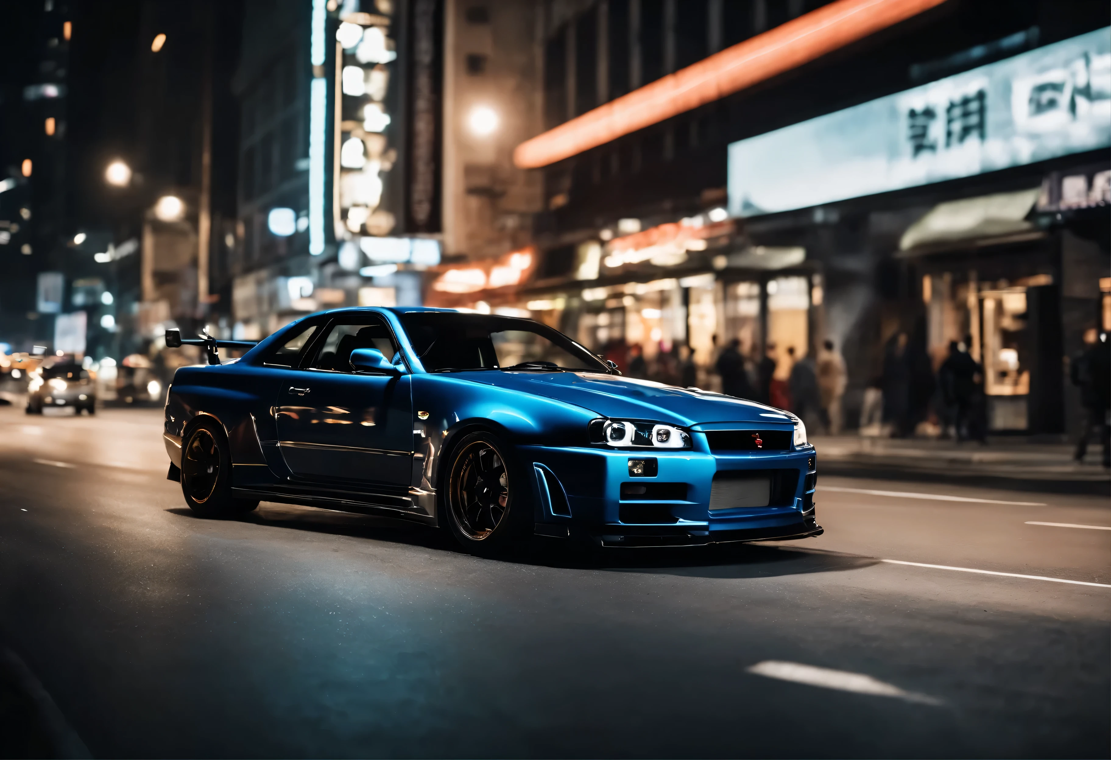 (Best quality,4K,8K,a high resolution,masterpiece:1.2),ultra detailed,(Realistic,photoRealistic,photo-Realistic:1.37), Nissan Skyline (R34) driving through the streets of Seoul at night,portraits,landscape,ночной городской landscape,glowing neon lights,bright colors,Shadows and reflections,modern skyscrapers,Afterburner,Immersive atmosphere,the streets are filled with energy,Blur,A Dramatic Perspective,deep contrast,Urbanity,The city's nightlife, Sleek design,street racing culture,high performance sports car,City lights,easy trails,Fast cars,date,Adrenaline rush.