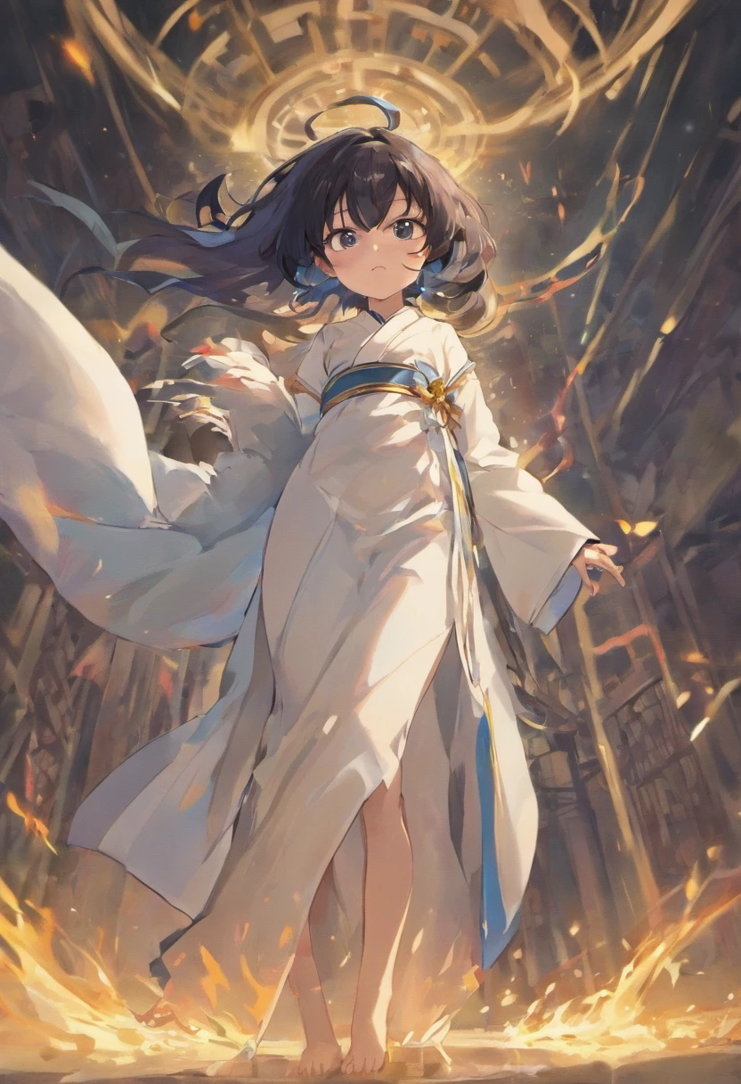Wearing a simple and holy white robe，The openings on both sides are very high，Show off your flawless legs，The complexion is like snow，Clear and beautiful，There is an indescribable charm，Dignified and holy，Mature charm，Amorous and subtle，Sweet and playful，With extremely shiny black hair，blue eyes
