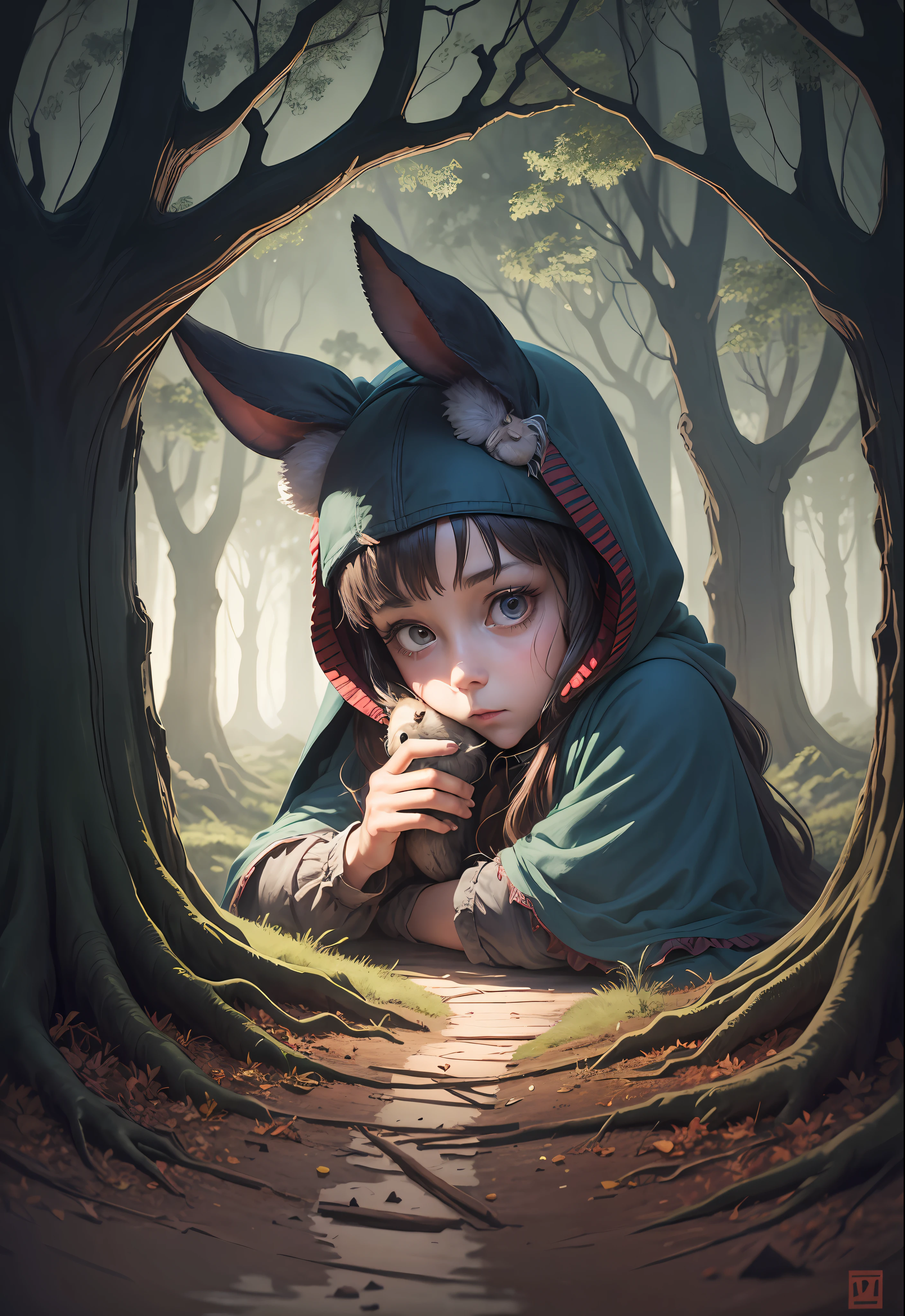 Into the wood drama, one riding hood girl working in the forest, many old strong brunch tree surrounding her, extreme messy and horror, an ugly rabbit guiding her toward to to the small poor house in the dark deep forest, follow Soul Bess designer style, hyper simple geometric shapes and symbolism, adult horror poster --auto --s2