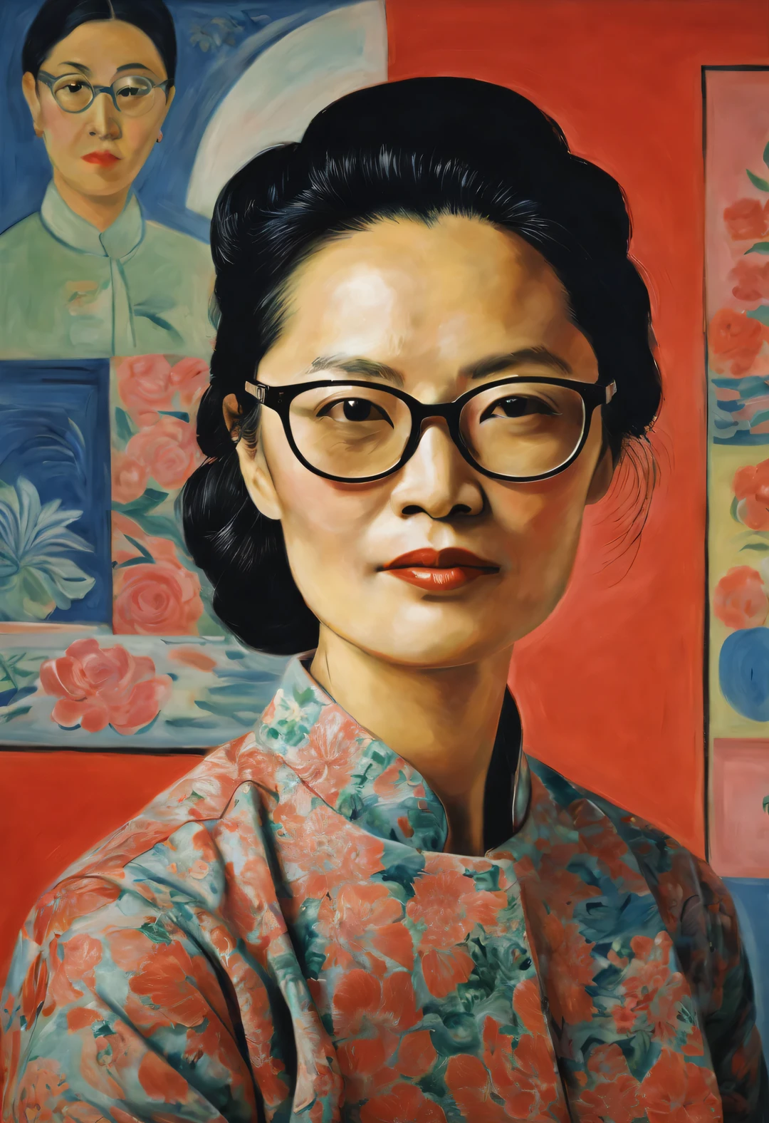 StyleRaoul Dufy Design,Portrait of modern Chinese mother wearing glasses,brutalist