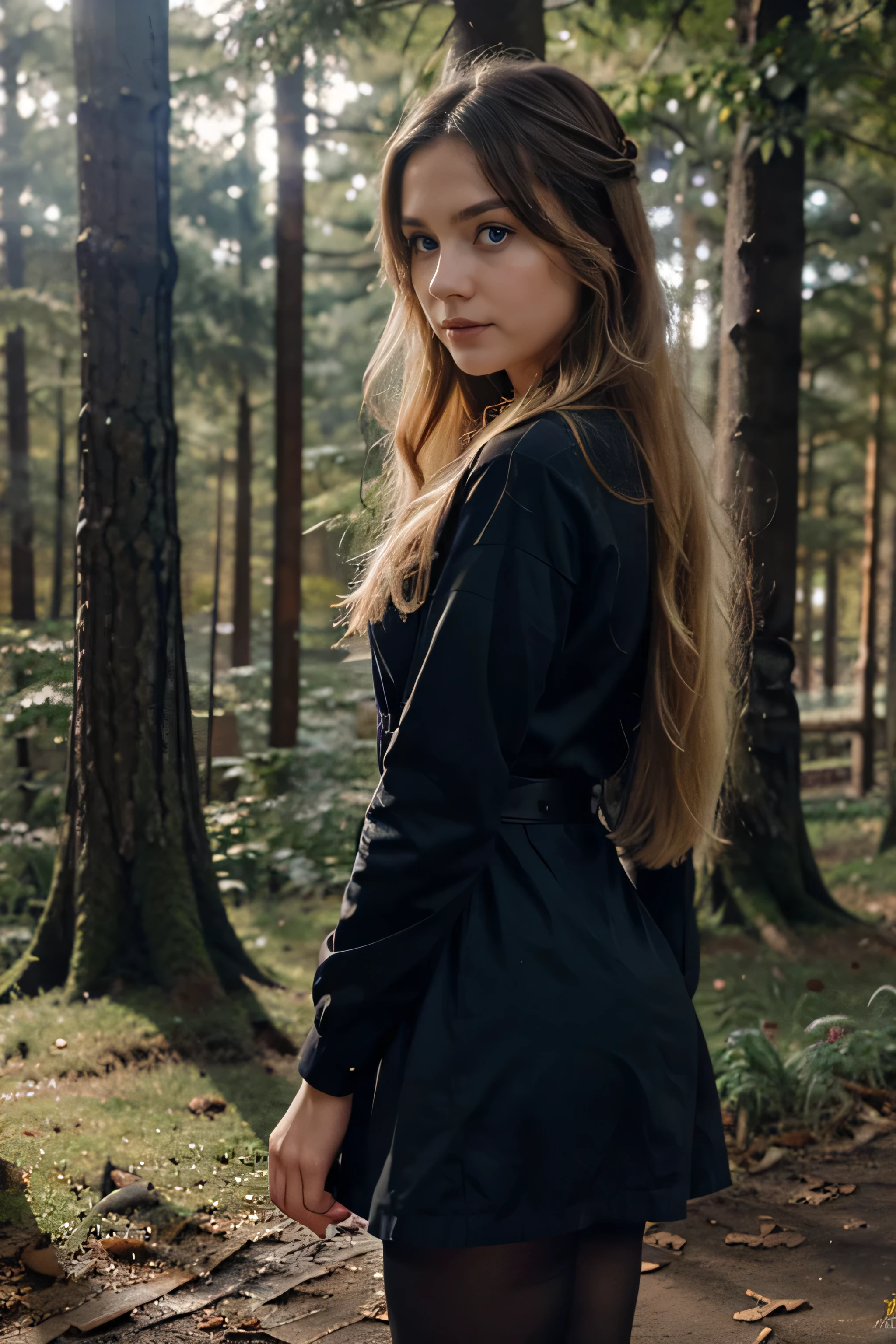 , big blue eyes, small breasts, long legs, thight dress, black tights, very white skin, long hair, wavy hair, blonde hair, school in the forest , classroom, photorealistic, Indirect lighting, volumetric light, Specular light, ray tracing, hyper-detailed, best quality, ultra-high resolution, HDR, 8k, Soft focus, Fog, (((Fully dressed))),