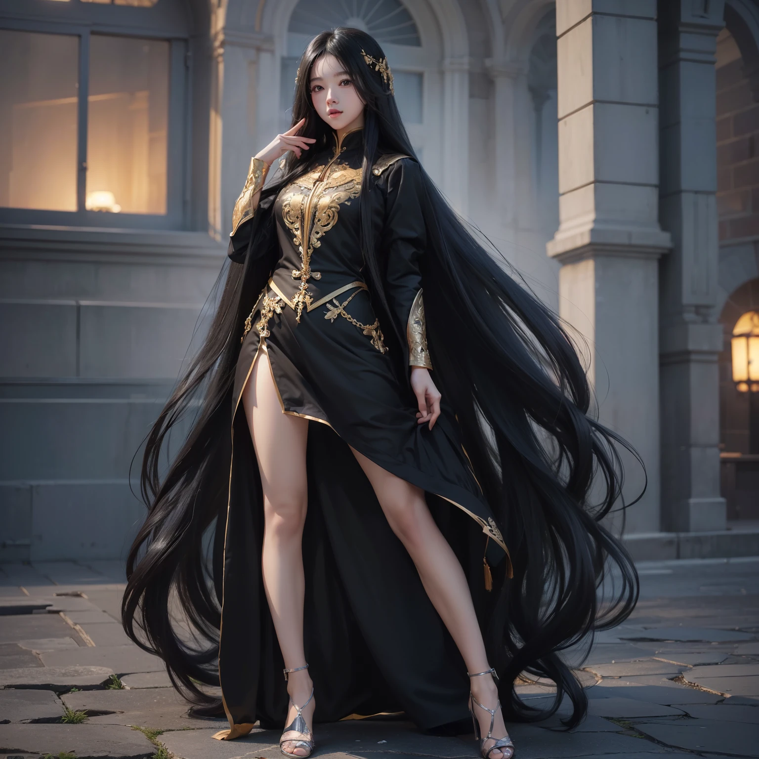 (best image quality、highest quality、highest resolution、Ultra-realistic photography、full body photo、masterpiece、16ｋ、）one girl。Super super long hair black hair。Hair length is over 10 meters。