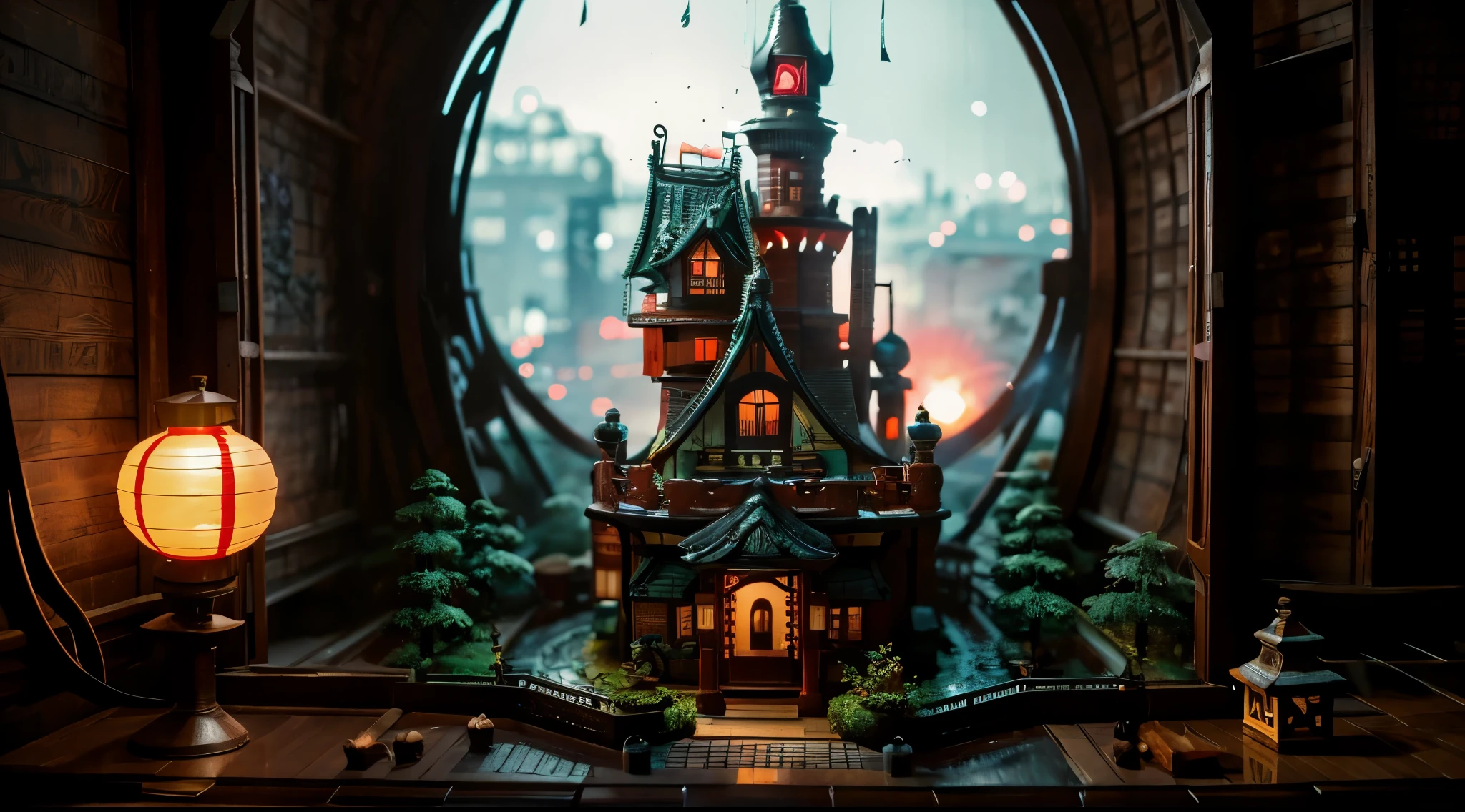 Japanese style, challenge mittke!! , spectacular view, emotional, toy box, diorama, junk, architecture, nostalgic, beautiful scenery, sad, suspicious, fantastic, oxcart, blinds, entrance, fox's bride, shrine, dark night, lantern light, 8k, illustration, utopia , masterpiece, high resolution, high quality, delicate, fantastic red light of the lantern
