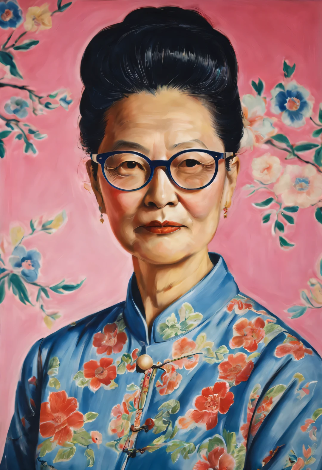 StyleRaoul Dufy Design，Portrait of Chinese aunt wearing glasses，