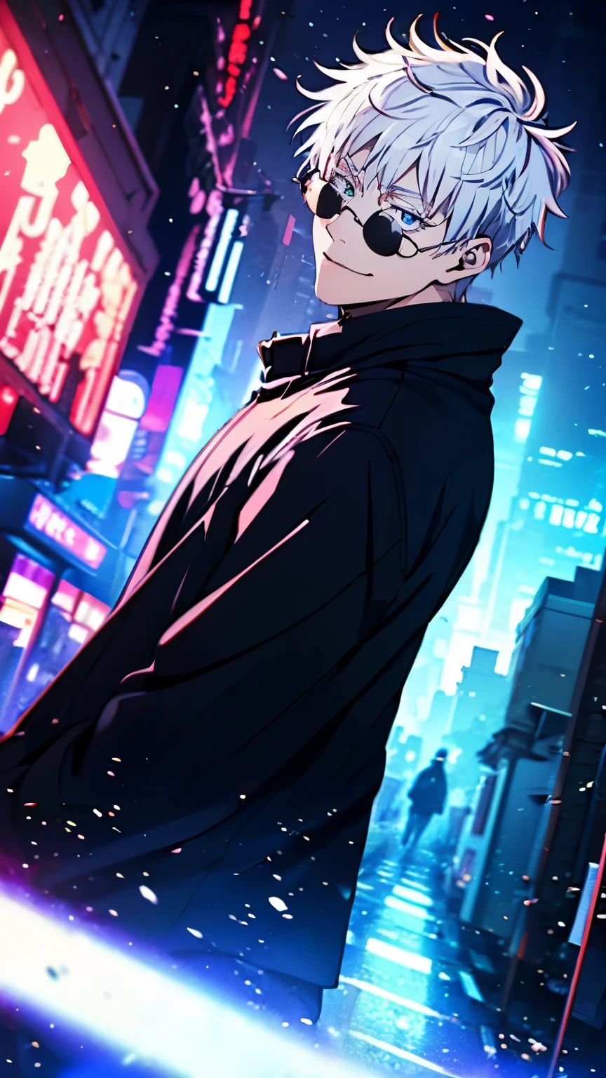 magnificent composition, city street, Japan, deserted street, night, flashing in the background, Red and blue colors, (master piece, Highest品質: 1.2), male focus, 1 boy, gojo satoru, round glasses, sunglasses, put one&#39;s hand in one&#39;s pocket, blindfold, black Jacket, (masterpiece:1.3),(Highest品質:1.2),8K,disorganized,Unity 8K Wallpapper,(very detailed:1.3),Highest, High resolution, wonderful, illustration, Soft light in a beautiful studio, amazingly beautiful, 信じられないほどdisorganized, vivid details, cinematic lighting, moody lighting, pixiv, award-winning, Professional, very detailed, Five 1, inform, looking at the viewer, smile, short hair, 1 boy, Are standing, Jacket, white colored hair, male focus,spike hair, Face-to-face audience, (red background:1.1), high collar, blindfold, (magic:1.3), (aura:1.3),