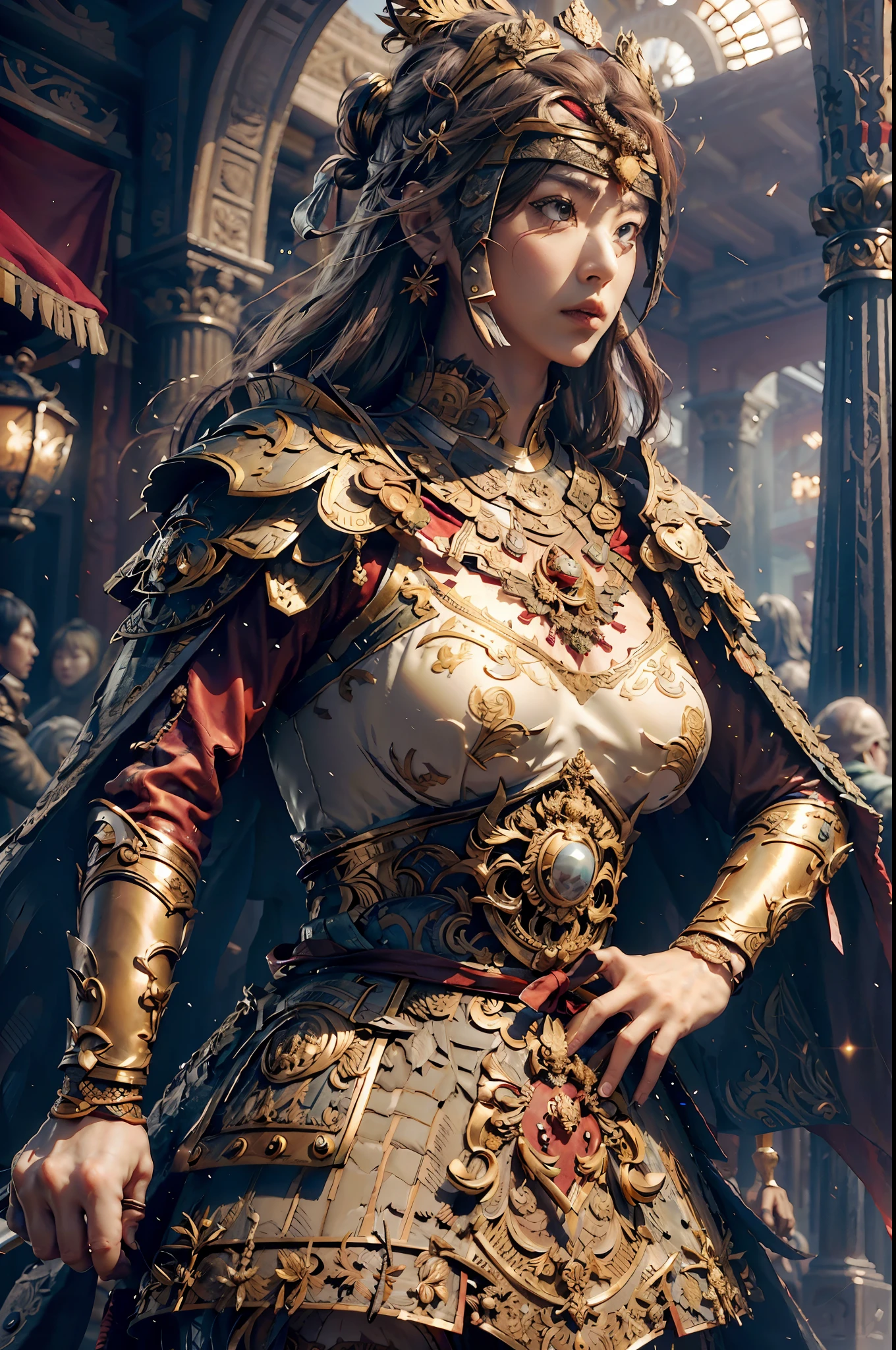 (masterpiece, world art piece, best quality, ultra-detailed, ultra-realistic), (highly detailed CG illustration), cinematic light, photorealistic ,extremely beautiful and sexy young lady, most sexy feminine makeup appearance, large breasts, intricate detailed eaba, red & gold cape, twin blade
