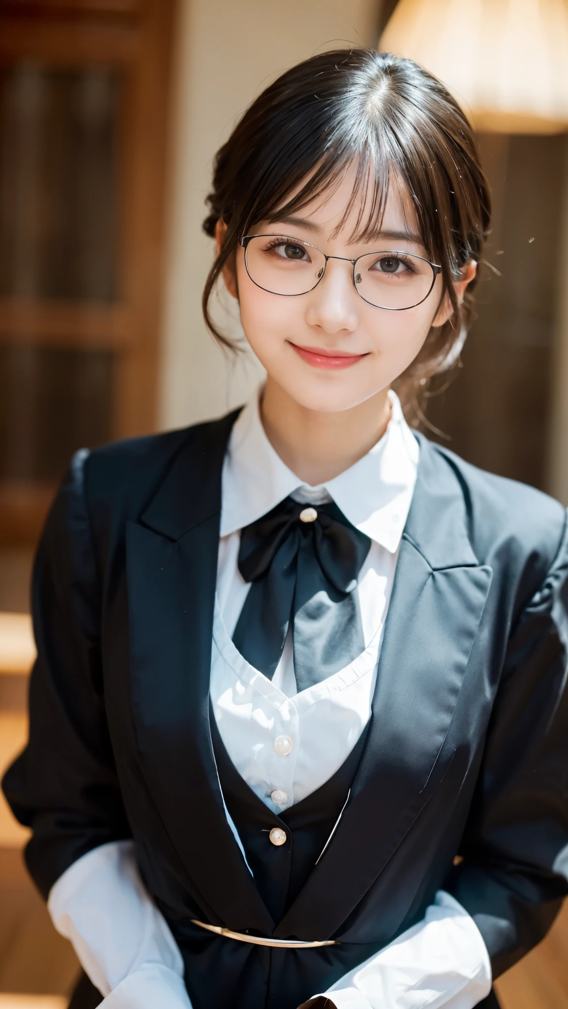 highest quality、Realistic、Women、zoom、cute、Grey Eyes、Black Hair、ponytail、ivory blazer、White blouse、Ribbon、Green checked pleated skirt、Glasses、Arms crossed、Looking down、smile、Bust Shot、