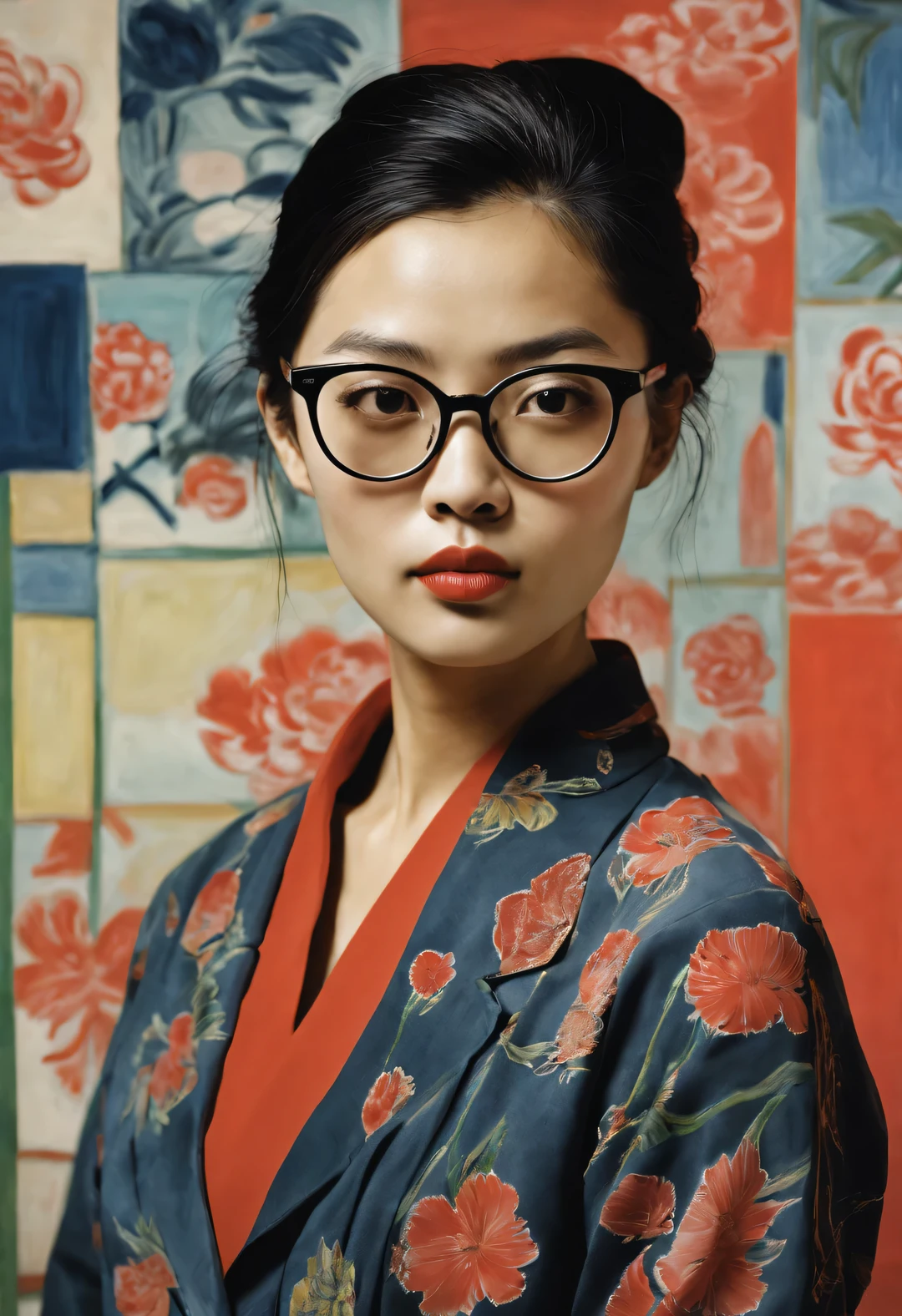 StyleRaoul Dufy Design，Portrait of modern Chinese girl wearing glasses，brutalist