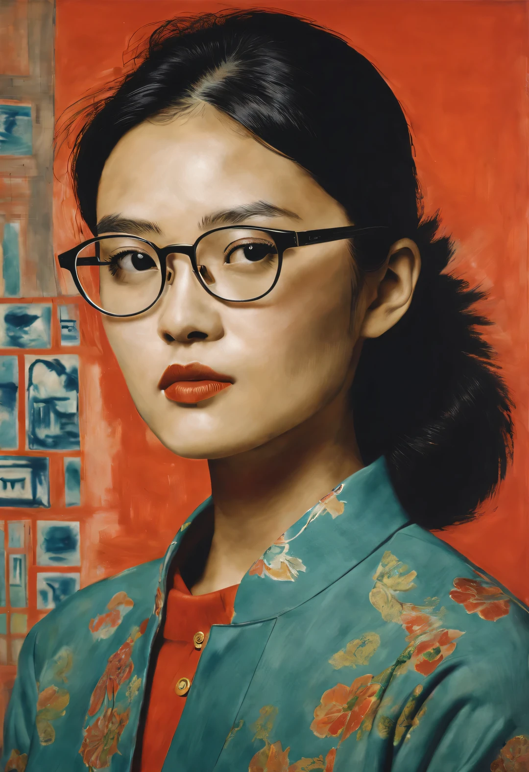 StyleRaoul Dufy Design,Portrait of modern Chinese girl wearing glasses,brutalist