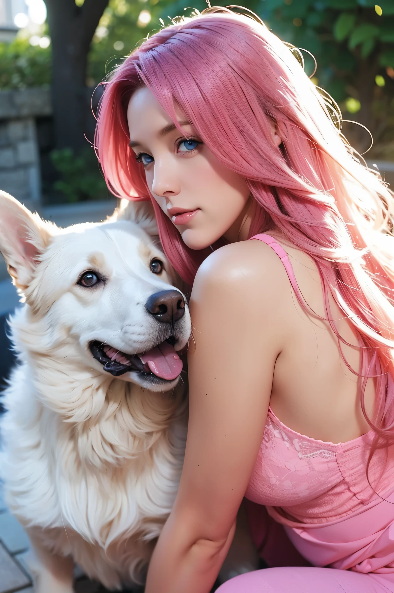 Woman, long curly hair, pink hair, blue eyes, house in the background, dog , Dog near woman, Doberman dog
