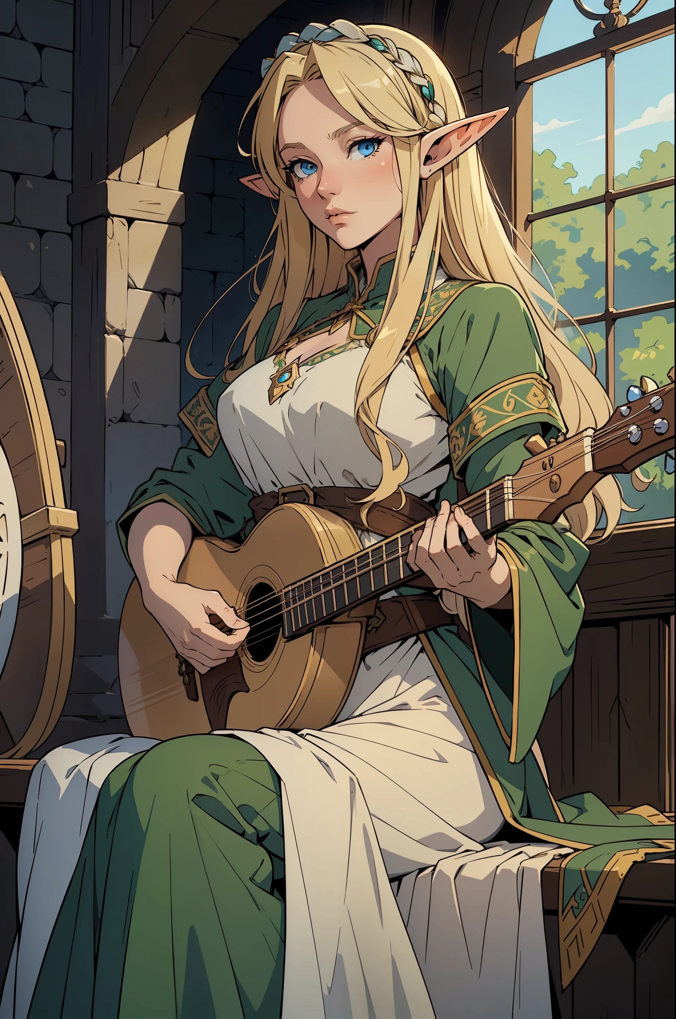 masterpiece, extremely detailed character portrait, full shot body, best quality, (Elf), (bard, artist, singer), (lute), medieval era, fantasy clothes, dnd, anime style, detailed face, blond long hair, clear green dress, beautiful clear big (blue eyes)