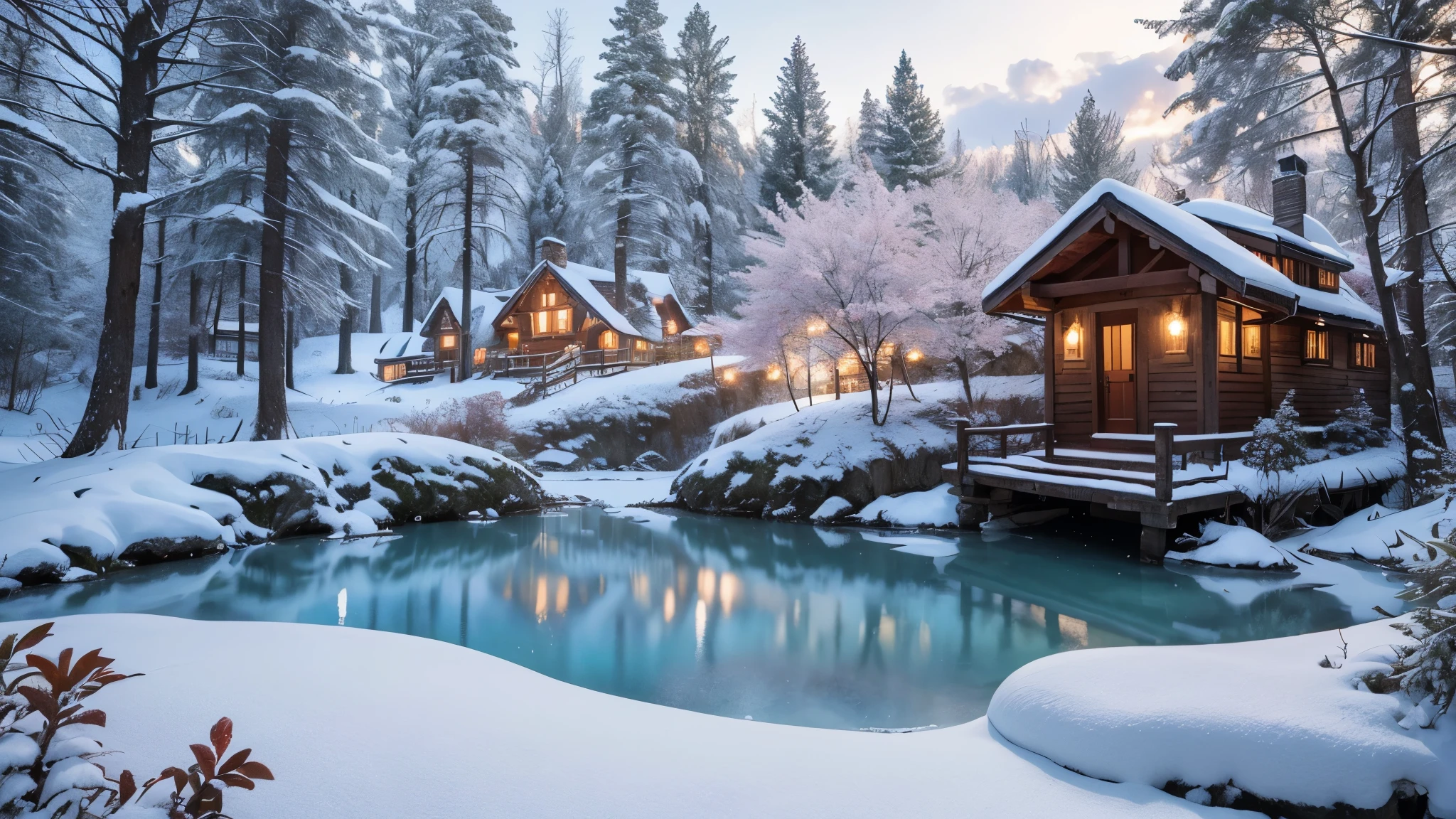 UHD, 8 thousand, high resolution, octane rendering,pink all over,cute detailed digital art,snowy village in the forest, snowy winter, very magical and dreamy, winter wonderland, magic village, winter environment, winter scene fantasy, winter, Snow blossoms, winter in the snow, It is covered with snow, winter mood, beautiful winter area,Looking at it from a person's perspective,extensive landscape,several houses,집주위를 둘러싼 Snow blossoms나무,fantasy snowy tree,Dreamy and detailed,the road has no slope,There are no mountains in the background,Illustration of a house in the snow with trees, forest flowers and a fairy house behind the house, Digital art by Marie Bashkirtseff, trending on cg society, fantasy art, In the white cloud fairyland, Fantasy House (Fantasy House), Beautiful house, Dreamy and detailed, cute detailed digital art, A beautiful expression of a fairy tale.