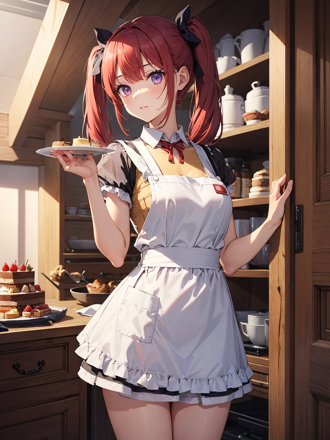masterpiece, 1 girl, short twintails, red hair, purple eyes, patissier、a cake、solo, high quality、animesque, apron
