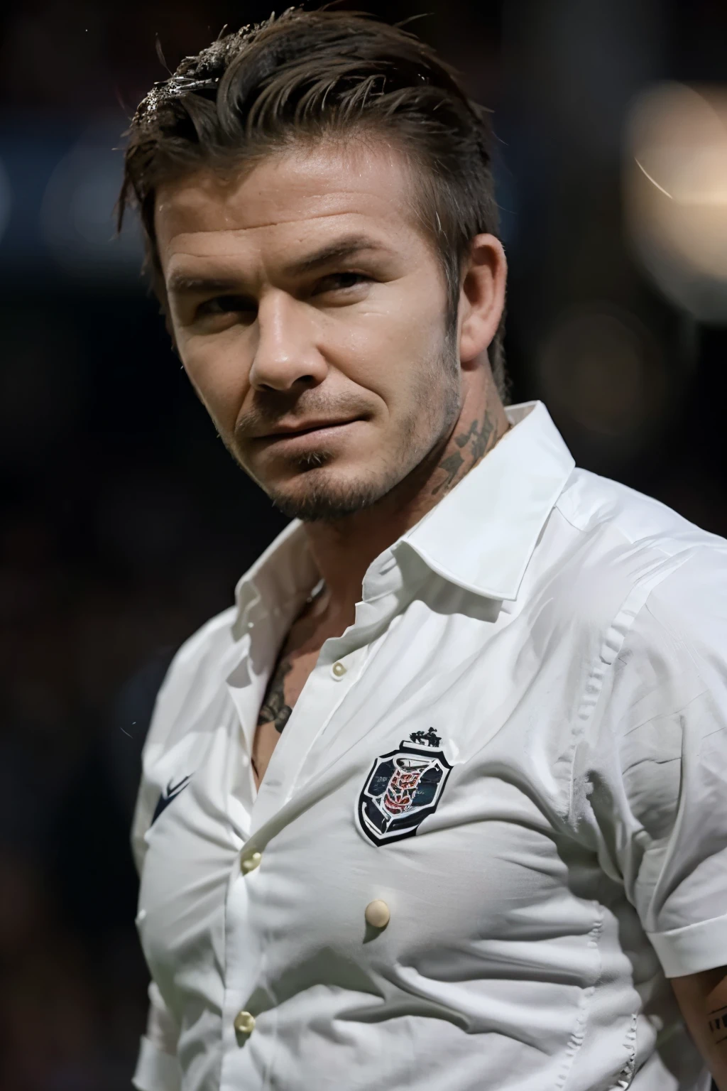 Buatkan lukisan, tentang david beckham yang sedang menendang bola, di depan gawang, latar belakang penonton
