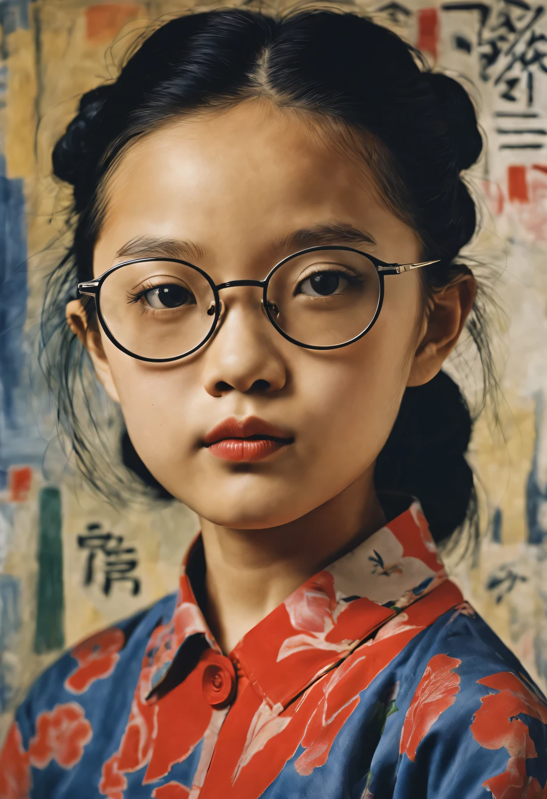 StyleRaoul Dufy Design,Modern Chinese portrait of a 12-year-old girl wearing glasses,brutalist