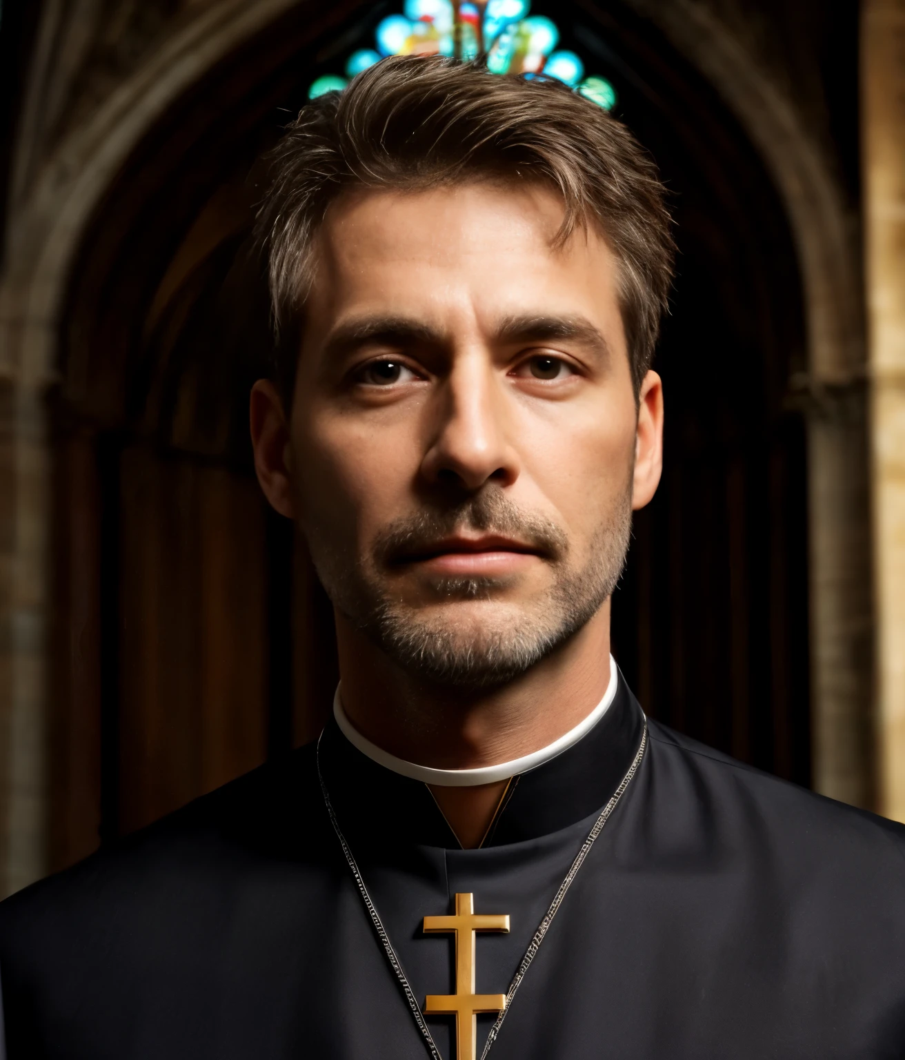 masterpiece, best quality, high resolution, closeup portrait, male focus, solo focus, A man, 45 years old, with priest uniform, priest clothes, priest father, silver grey hair, messy hairstyle, cute and seductive face, bare chest, body hair, facial hair, roman nose, scruffy, hairy abs, skinny body, hairy legs, dimples, beard, bold jawline , in the background a church back room, view from below, amazing composition, front view, HDR, ultra quality, elegant, highly detailed, sexual tension, seductive