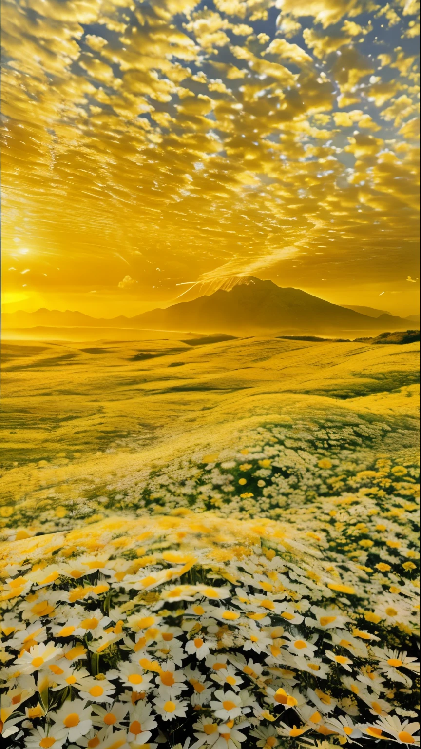 there is a field of daisies in the foreground with a mountain in the distance, surreal waiizi flowers, yellow mist, golden morning light, golden heavenly lights, inspired by Phil Koch, golden mist, heavenly landscape, golden rays of sunlight, yellow radiant magic, golden rays, yellow volumetric fog, mythical floral hills, dreamlike sunraise, by Phil Koch