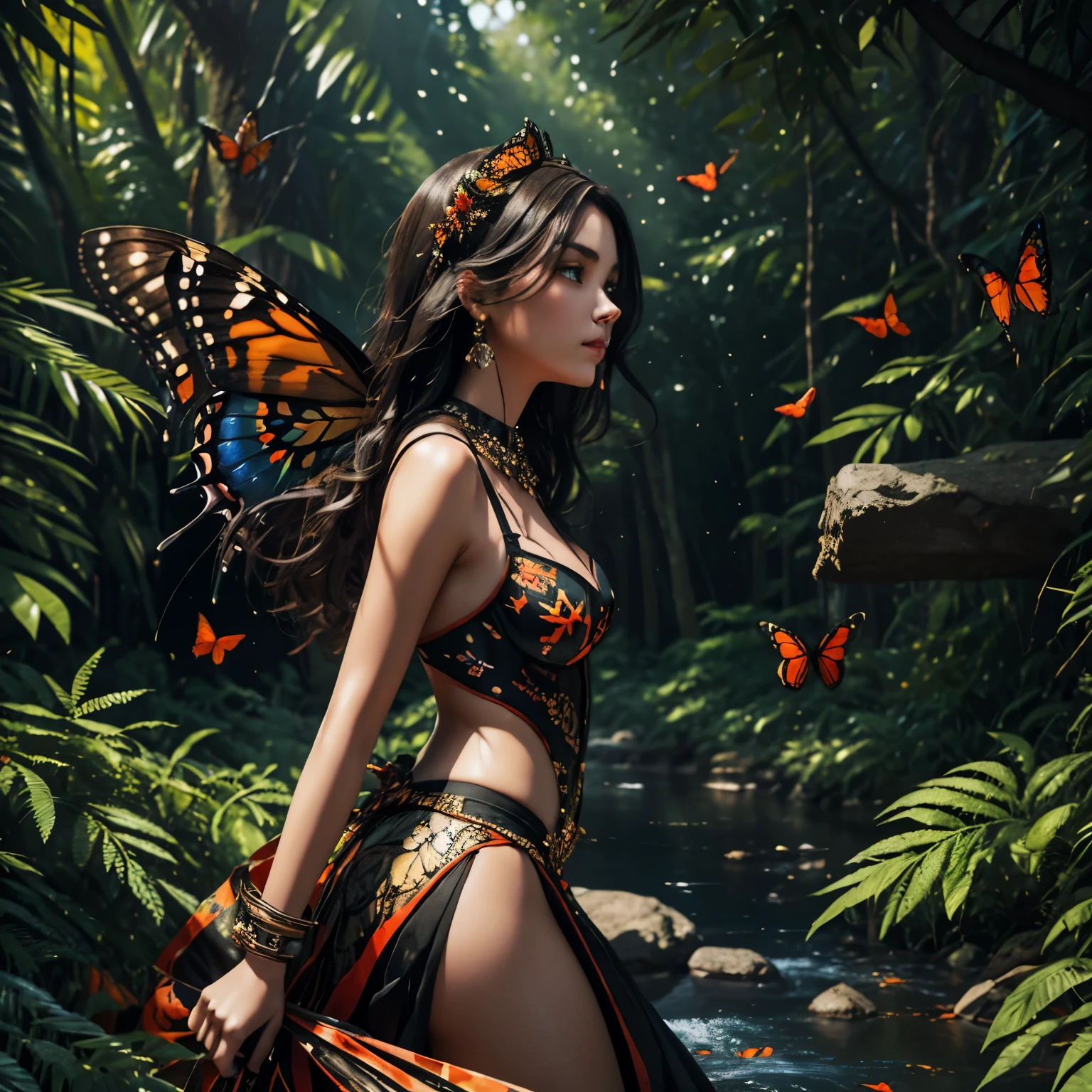 Beautiful dark haired woman covered entirely by millions of Monarch orange black and red butterflies like a second skin a gossamer dress that is almost part of her, covered in butterflies and vibrant multicolored red and black flowers, as if they are coming out of her chest her heart, dappled sun beams through the pine fir forest, hyperdetailed, 64k resolution, Kodak resampled film grain,(((naturally interacting with the environment:1.5))),(((seamless:1.5))),((strong environmental light)),((hard shadows)),(merge realms of the extreme punk in a tapestry of dualities),enigmatic beings with ethereal silhouettes,digital dreamscape.Illuminate the scene with the pulse of a celestial bloom,(casting hues that bridge both cosmic and cybernetic realms).(Blend brushstrokes harmoniously),fusing elements of traditional artistry with glitched fragments of a pixelated mosaic.Embrace asymmetry,where the organic and the synthetic collide in a dynamic composition.(Infuse a shifting timeless vibrant palette).Integrate augmented reality surprises. by Da Vinci