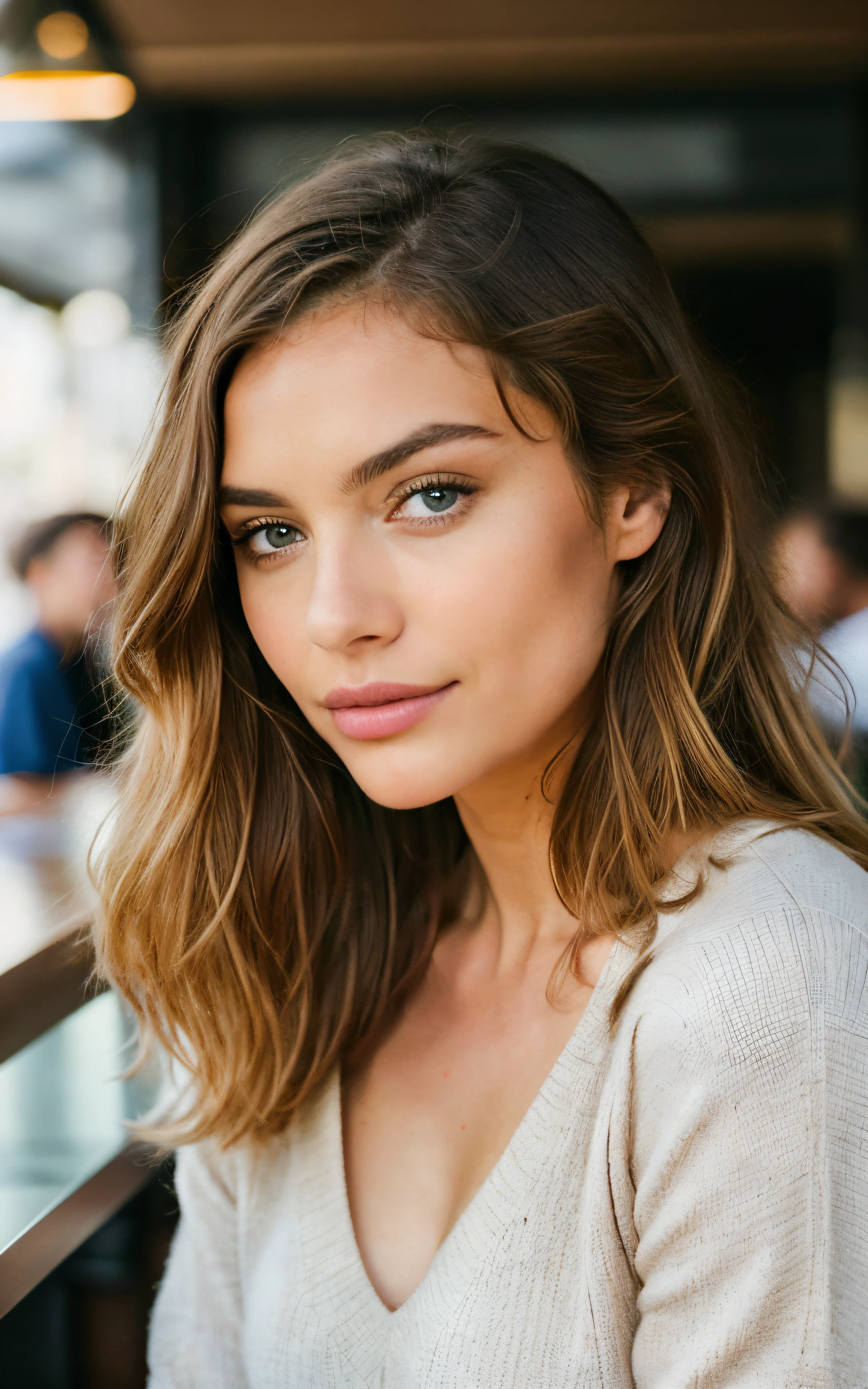 Beautiful brunette with blonde highlights wearing a beige sweater (in a cafe drinking soda detailed, 22 anos de idade, rosto inocente, cabelos ondulados naturais, olhos azuis, high resolution, obra de arte, melhor qualidade, detalhes altos e intrincados, altamente detalhado, sharp focus, pele detalhada, realistic skin textura, textura, olhos detalhados, profissional, 4k, sorriso encantador, filmado na Canon, 85mm, profundidade superficial de campo, Cor Kodak Vision, corpo em forma perfeita, extremamente detalhado, fotografiar_\(ultra\), fotorrealista, Realista, post-processing, Maximum details, rugosidade, Vida real, Ultra realista, fotorrealismo, fotografia, 8K Ultra HD, fotografia