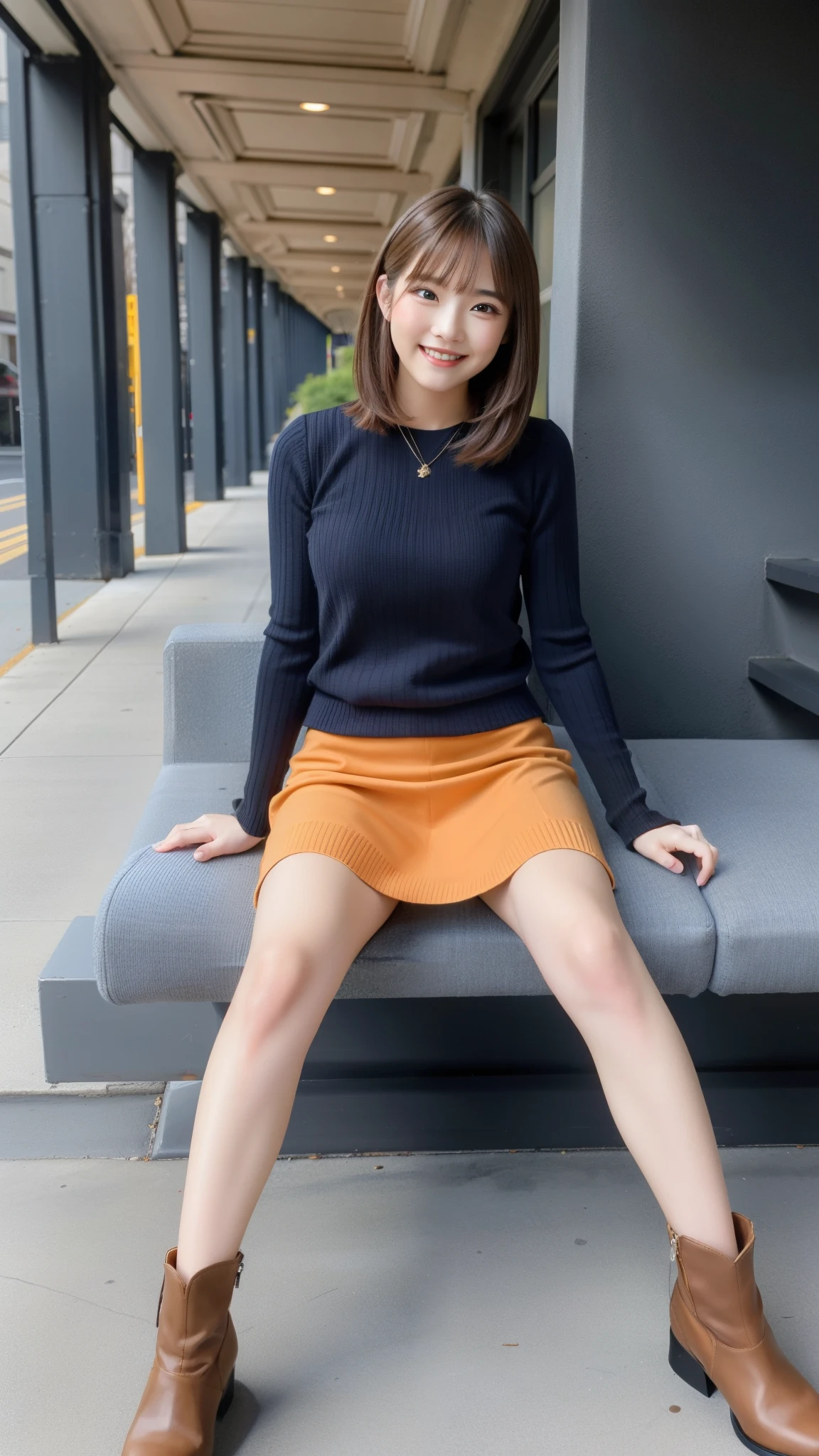 Photo taken by a professional photographer,laughter:1.5,Close-up of a woman squatting on the sidewalk, wearing a sweater, Short-cut brown hair, young and cute girl, Wearing a flared skirt,Wear stylish boots,sit on a park bench:1.5,Fancy makeup with red eyeshadow,