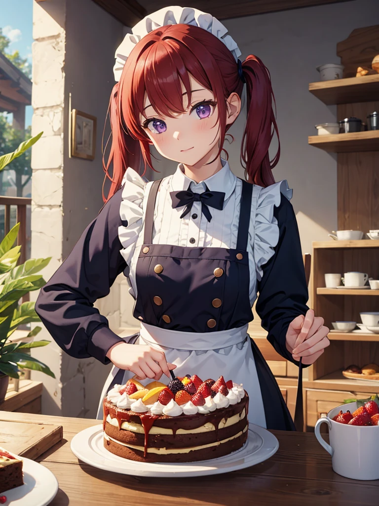 masterpiece, 1 girl, short twintails, red hair, purple eyes, patissier、a cake、solo, high quality、animesque, apron