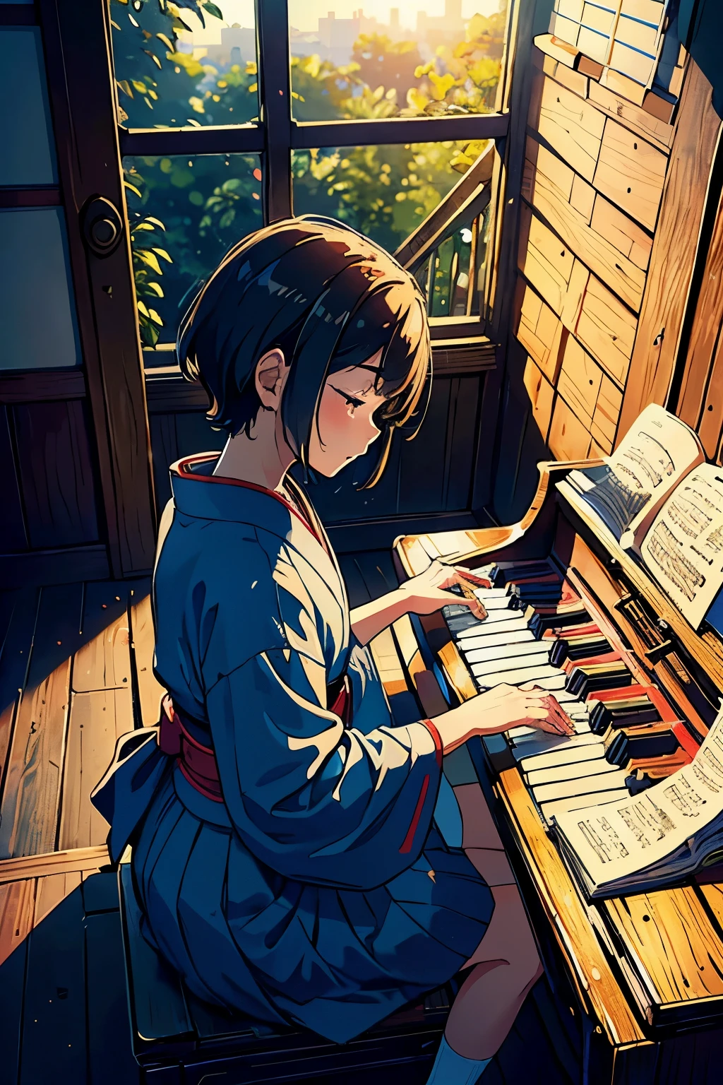 (masterpiece, highres, 8k), captivating image of a heartwarming moment in an old wooden elementary school of Japan,
The sunset shines in through the dusty windows, naturally illuminating the dimly lit music classroom,
One beautiful girl, dressed in a conventional school uniform, sits gracefully on a worn-out piano bench, her fingers gently playing a melodic tune,
A boy in traditional Japanese attire, with a curious expression on his face, listens intently from the doorframe,
The piano keys ring out, filling the room with melodic music, the boy's eyes closed in deep concentration,
The scene captured in the 8k webcam photography