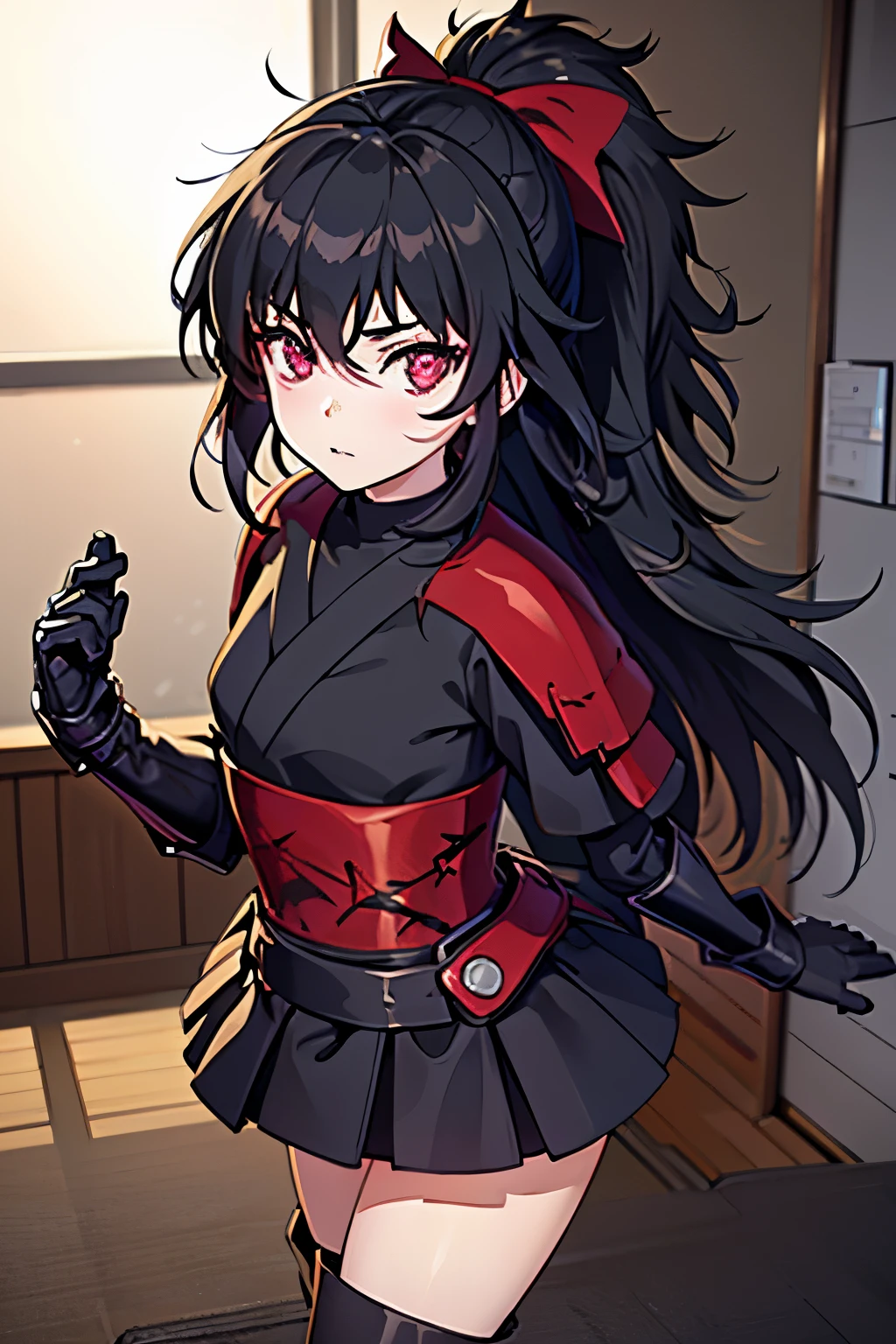 Anime, Girl, (((1girl))), (((Waifu, Raven Branwen, Raven Branwen Waifu))), (((Black Hair, Messy Hair))), ((Crimson Red Eyes eyes: 1.3, Upturned Eyes: 1, Perfect Eyes, Beautiful Detailed Eyes, Gradient eyes: 1, Finely Detailed Beautiful Eyes: 1, Symmetrical Eyes: 1, Big Highlight On Eyes: 1.2)), (((Lustrous Skin: 1.5, Bright Skin: 1.5, Skin Fair, Shiny Skin, Very Shiny Skin, Shiny Body, Plastic Glitter Skin, Exaggerated Shiny Skin, Illuminated Skin))), (Detailed Body, (Detailed Face)), Young, Lolita, (Best Quality), (((Bicep-high Gauntlets, Armored Boots, Thigh-high Heeled Boots, Armored Gauntlets))), (((Battle Kimono))), (((Skirt))), High Resolution, Sharp Focus, Ultra Detailed, Extremely Detailed, Extremely High Quality Artwork, (Realistic, Photorealistic: 1.37), 8k_Wallpaper, (Extremely Detailed CG 8k), (Very Fine 8K CG), ((Hyper Super Ultra Detailed Perfect Piece)), (((Flawless masterpiece))), Illustration, Vibrant Colors, (Intricate), High Contrast, Selective Lighting, Double Exposure, HDR (High Dynamic Range), Post-processing, Background Blur