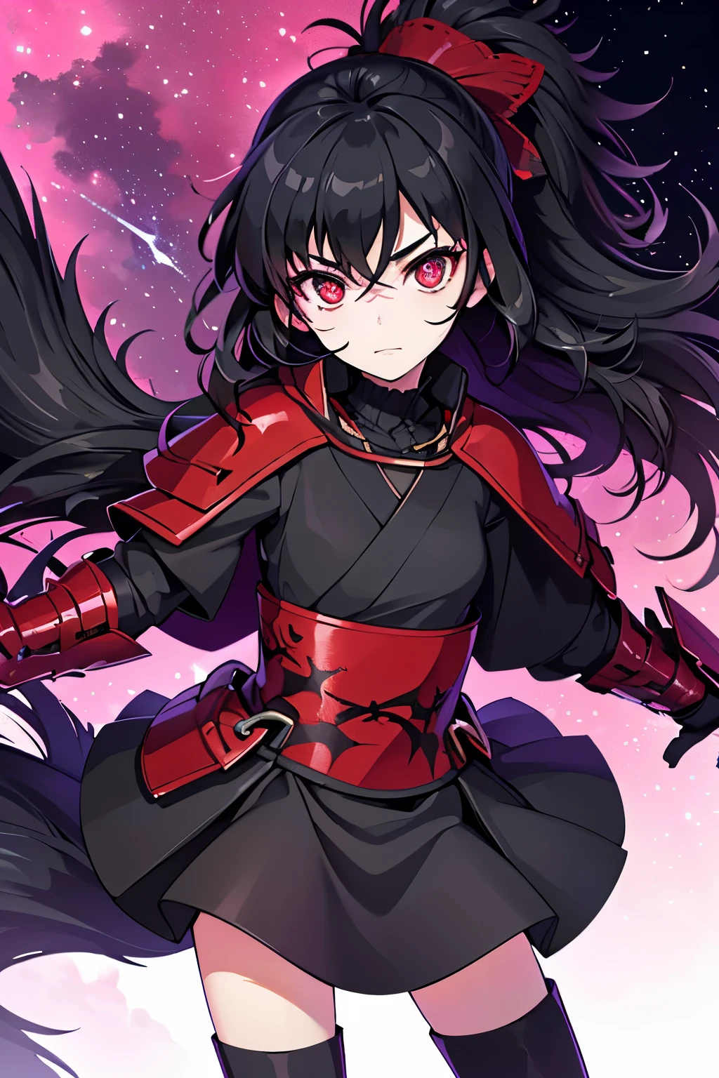 Anime, Girl, (((1girl))), (((Waifu, Raven Branwen, Raven Branwen Waifu))), (((Black Hair, Messy Hair))), ((Crimson Red Eyes eyes: 1.3, Upturned Eyes: 1, Perfect Eyes, Beautiful Detailed Eyes, Gradient eyes: 1, Finely Detailed Beautiful Eyes: 1, Symmetrical Eyes: 1, Big Highlight On Eyes: 1.2)), (((Lustrous Skin: 1.5, Bright Skin: 1.5, Skin Fair, Shiny Skin, Very Shiny Skin, Shiny Body, Plastic Glitter Skin, Exaggerated Shiny Skin, Illuminated Skin))), (Detailed Body, (Detailed Face)), Young, ****ta, (Best Quality), (((Bicep-high Gauntlets, Armored Boots, Thigh-high Heeled Boots, Armored Gauntlets))), (((Battle Kimono))), (((Skirt))), High Resolution, Sharp Focus, Ultra Detailed, Extremely Detailed, Extremely High Quality Artwork, (Realistic, Photorealistic: 1.37), 8k_Wallpaper, (Extremely Detailed CG 8k), (Very Fine 8K CG), ((Hyper Super Ultra Detailed Perfect Piece)), (((Flawless masterpiece))), Illustration, Vibrant Colors, (Intricate), High Contrast, Selective Lighting, Double Exposure, HDR (High Dynamic Range), Post-processing, Background Blur