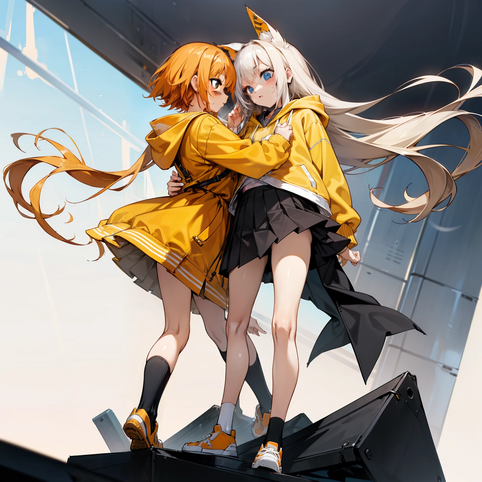 Girl in a duo,high school girl,One girl is wearing a yellow hoodie and has long hair.,The other girl has an orange hoodie and bob hair.,Skirts checked,A pose where the two look like they are getting along well,