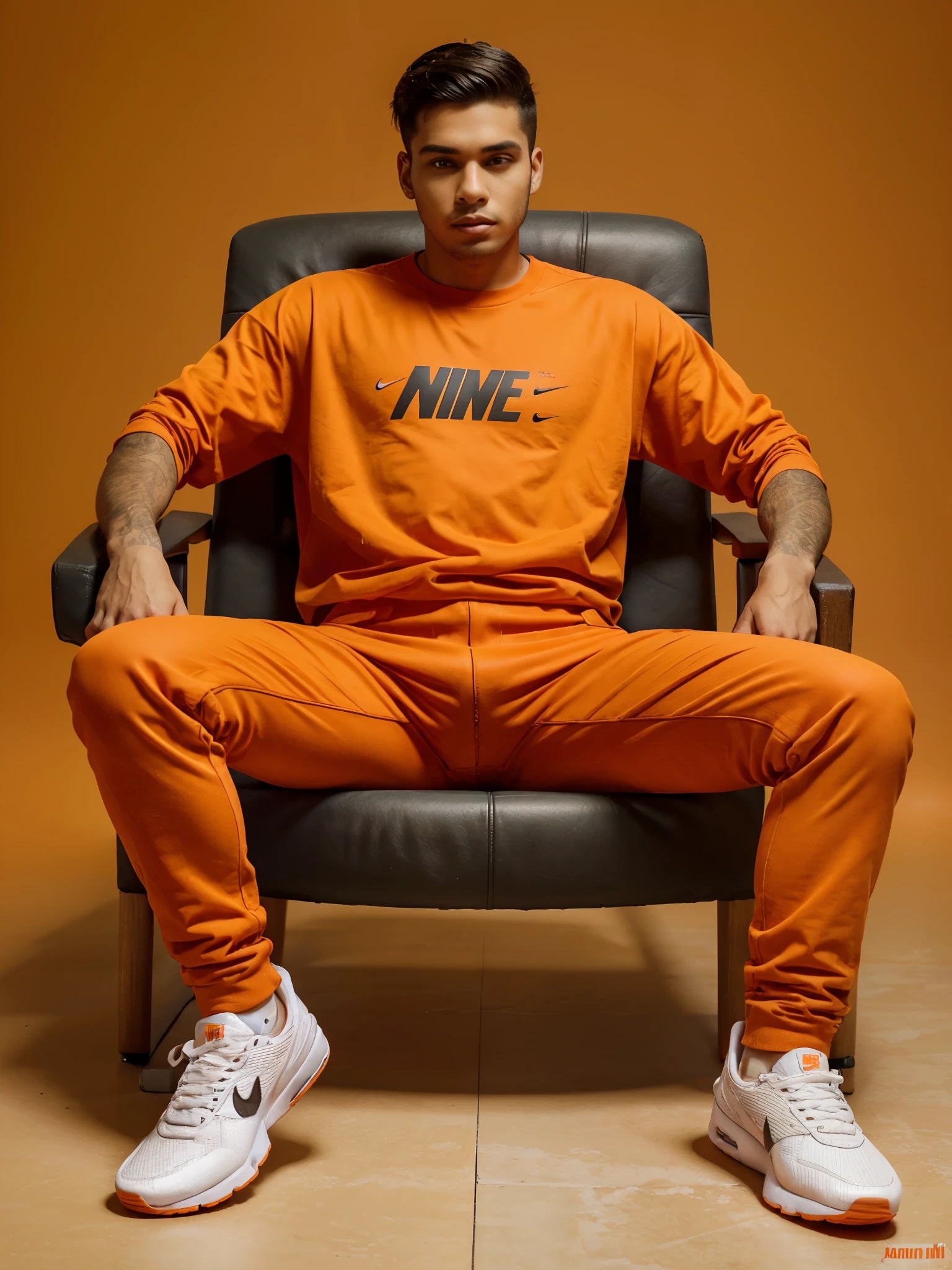 the work of a 22 year old man, wearing modern aesthetic orange clothes that say "hamdan", wearing Levis trousers, wearing Nike (Air Max) shoes, sitting relaxed in a chair like a model, elegant pose, faint smile, very detailed, orange background bright, shooting, photography, realistic, checkpoint Epirelism
