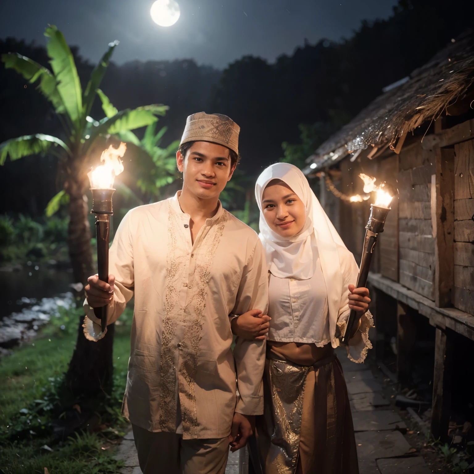(8k, best quality, masterpiece:1.2), (realistic, photo-realistic:1.37), ultra-detailed,best quality, (8k, best quality, masterpiece:1.2), (realistic, photo-realistic:1.37), ultra-detailed, a pair of Indonesian young men and women, both carrying torches, at night in a village, dark, smiling faces lit by torch light, full moon with slightly covered clouds, women wearing Muslim clothes, hijab