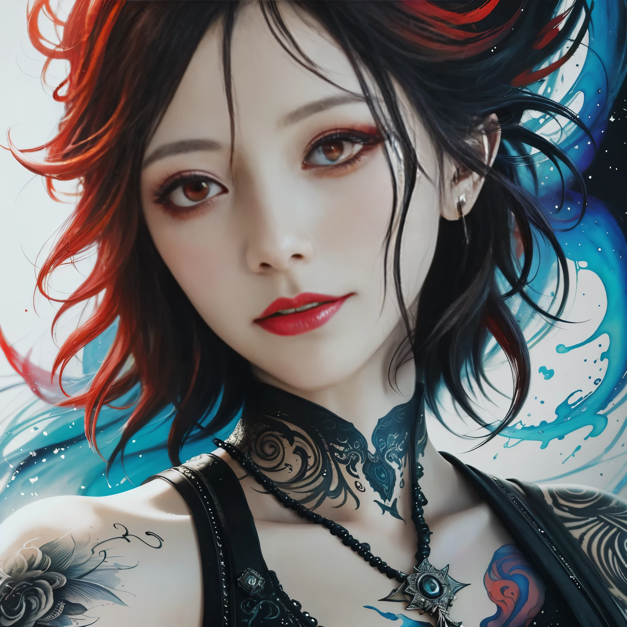 Colorful beautiful woman: Black ink flow: 8k resolution photorealistic masterpiece: by Aaron Horkey and Jeremy Mann: intricately detailed fluid gouache painting: by Jean Baptiste Mongue: calligraphy: acrylic: watercolor art, professional photography, natural lighting, volumetric lighting maximalist photoillustration: by marton bobzert: 8k resolution concept art intricately detailed, complex, elegant, expansive, fantastical, short hair, updo, bloody-red eyes, ironic smile