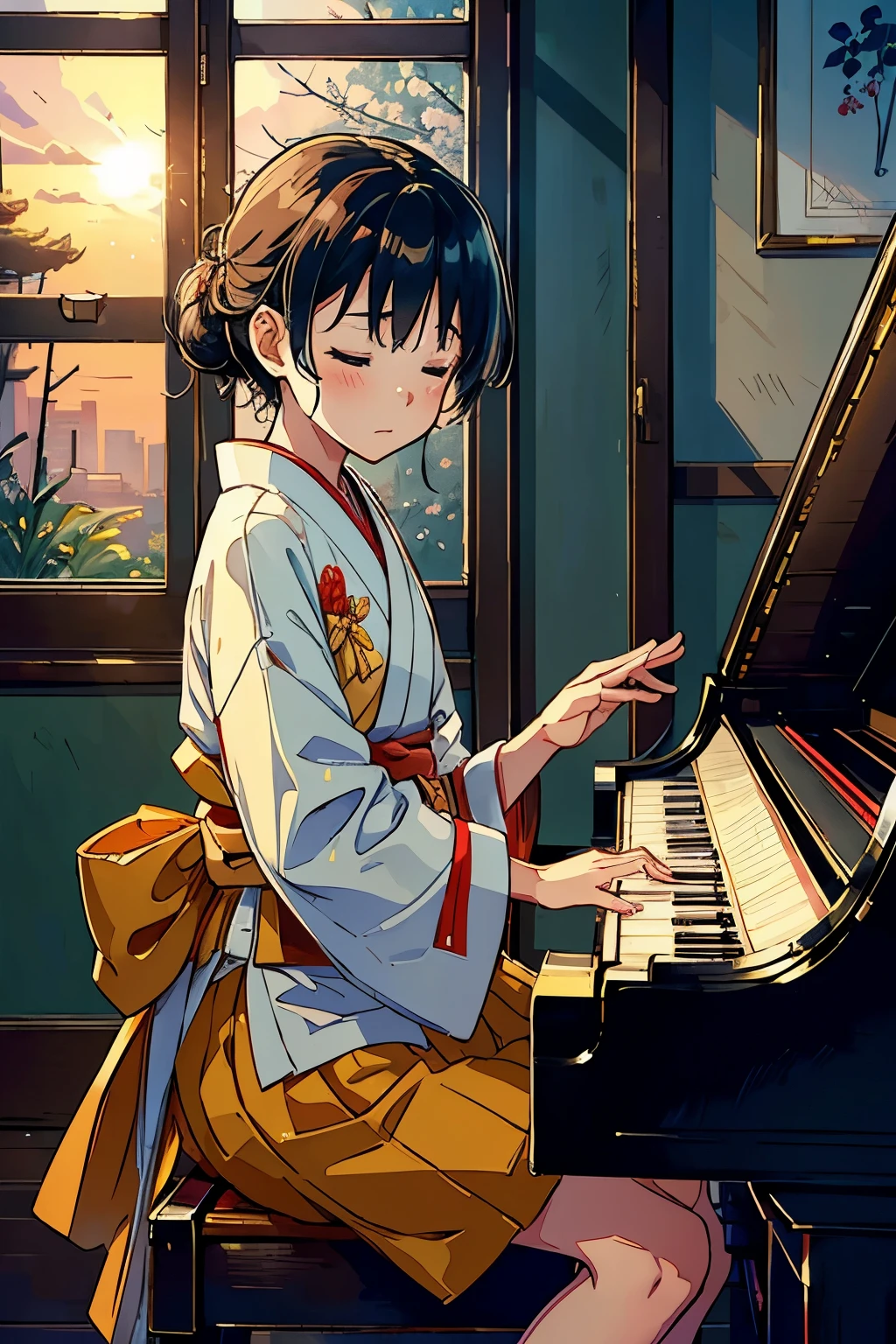 (masterpiece, highres, 8k), captivating image of a heartwarming moment in an old wooden elementary school of Japan,
The sunset shines in through the dusty windows, naturally illuminating the dimly lit music classroom,
One beautiful girl, dressed in a conventional school uniform, sits gracefully on a worn-out piano bench, her fingers gently playing a melodic tune,
A boy in traditional Japanese attire, with a curious expression on his face, listens intently from the doorframe,
The piano keys ring out, filling the room with melodic music, the boy's eyes closed in deep concentration,
The scene captured in the 8k webcam photography