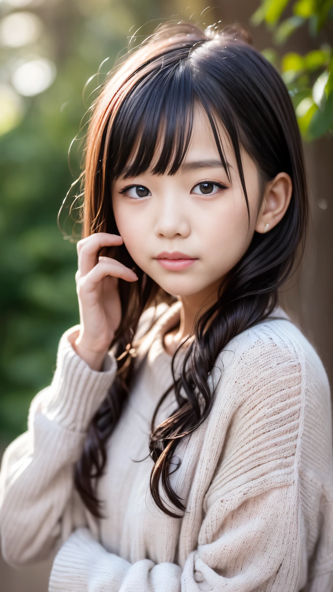 standing under the cherry tree, japanese girl, , , cute girl, (white oversized knitted sweater:1.3), snowing, pupils sparkling, brown short hair, depth of field, f/1.8, perfect face, super detail, high details, high quality, super detail, high details, high quality, best quality, highres