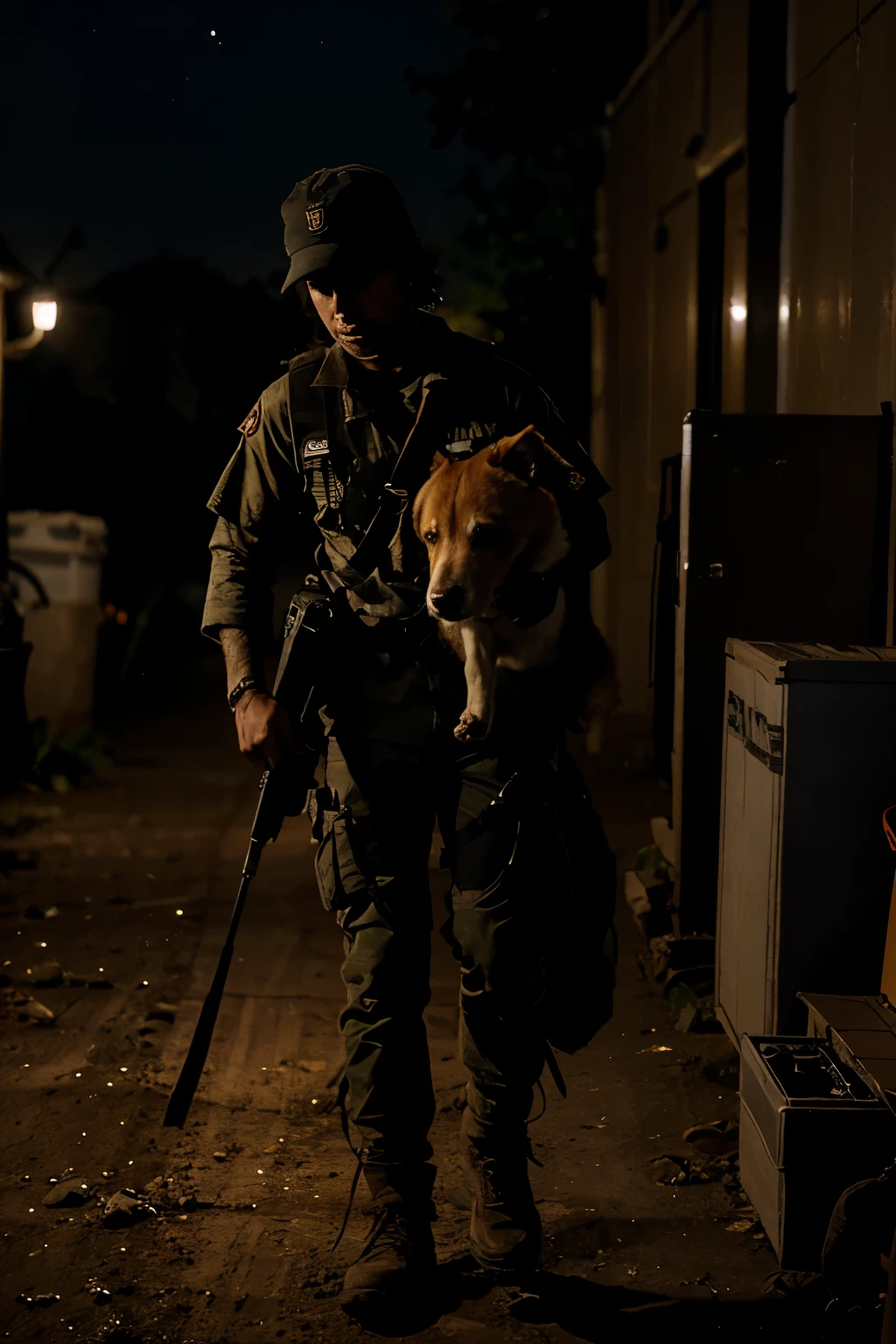 Develop a nighttime scene with a Mercy Dog operating in darkness, carrying medical supplies on its back to rescue a wounded soldier, emphasizing the animal's bravery in challenging conditions.