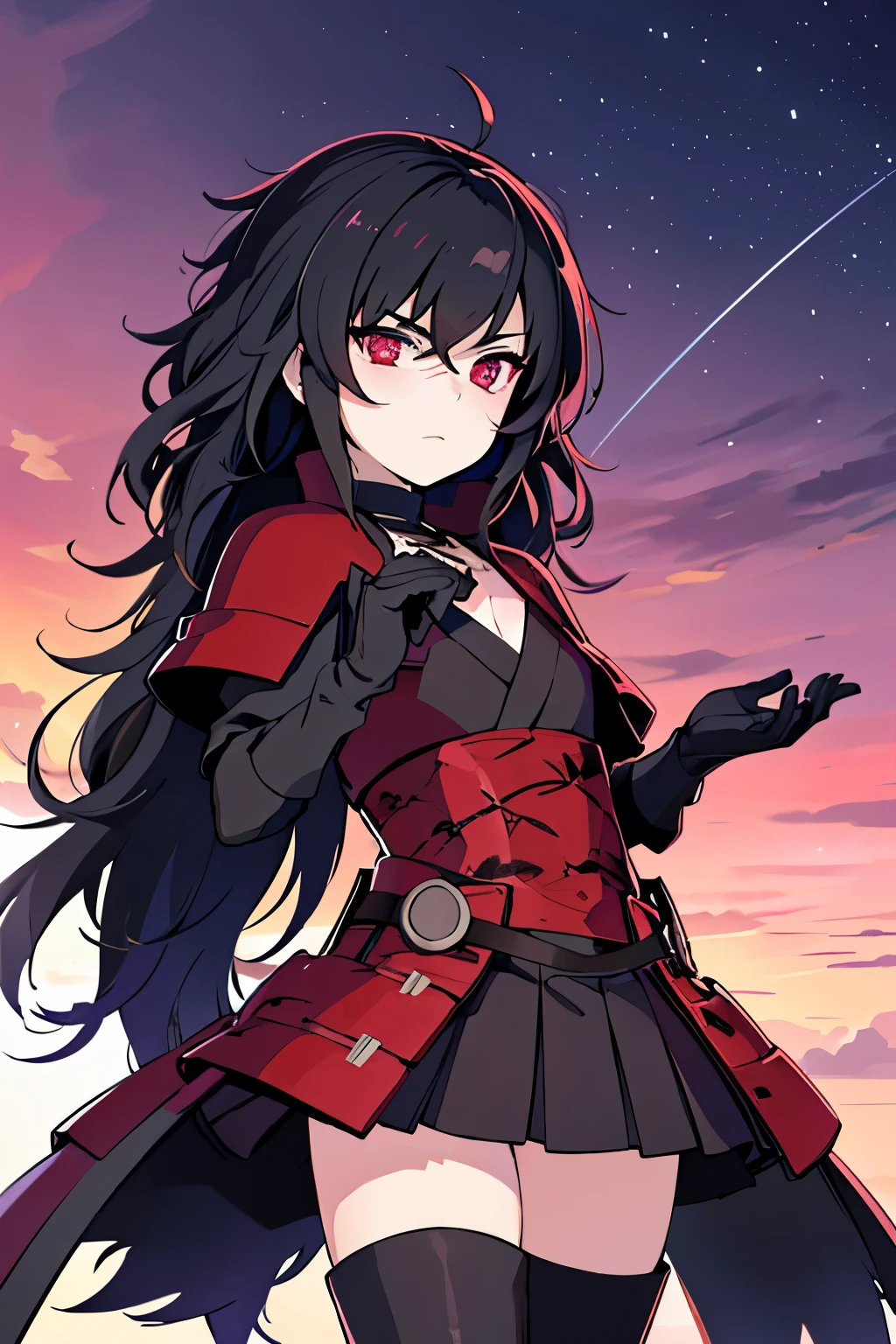 Anime, Girl, (((1girl))), (((Waifu, Raven Branwen, Raven Branwen Waifu))), (((Black Hair, Messy Hair))), ((Crimson Red Eyes eyes: 1.3, Upturned Eyes: 1, Perfect Eyes, Beautiful Detailed Eyes, Gradient eyes: 1, Finely Detailed Beautiful Eyes: 1, Symmetrical Eyes: 1, Big Highlight On Eyes: 1.2)), (((Lustrous Skin: 1.5, Bright Skin: 1.5, Skin Fair, Shiny Skin, Very Shiny Skin, Shiny Body, Plastic Glitter Skin, Exaggerated Shiny Skin, Illuminated Skin))), (Detailed Body, (Detailed Face)), Young, ****ta, (Best Quality), (((Bicep-high Gauntlets, Armored Boots, Thigh-high Heeled Boots, Armored Gauntlets))), (((Battle Kimono))), (((Skirt))), High Resolution, Sharp Focus, Ultra Detailed, Extremely Detailed, Extremely High Quality Artwork, (Realistic, Photorealistic: 1.37), 8k_Wallpaper, (Extremely Detailed CG 8k), (Very Fine 8K CG), ((Hyper Super Ultra Detailed Perfect Piece)), (((Flawless masterpiece))), Illustration, Vibrant Colors, (Intricate), High Contrast, Selective Lighting, Double Exposure, HDR (High Dynamic Range), Post-processing, Background Blur