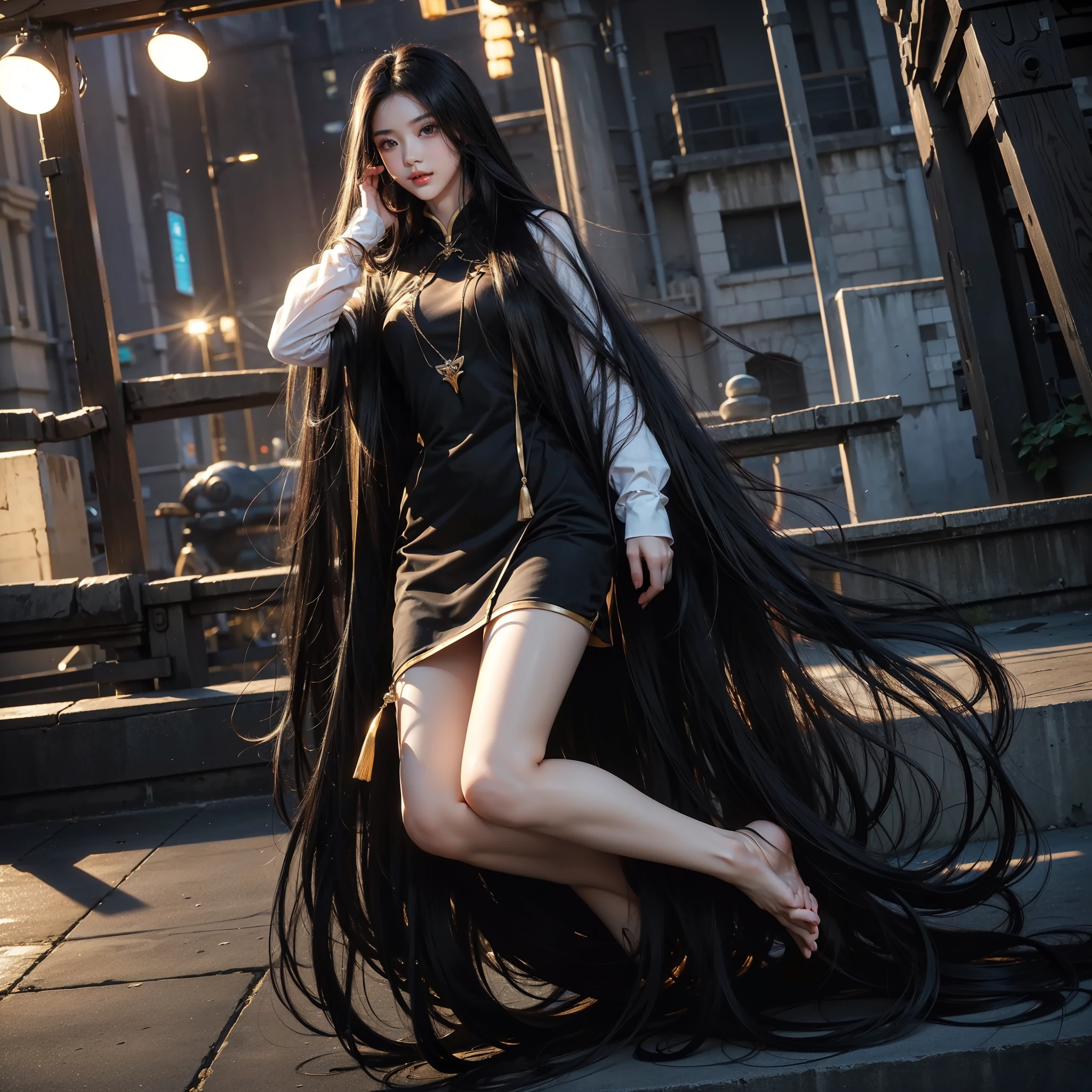 (best image quality、highest quality、highest resolution、Ultra-realistic photography、full body photo、masterpiece、16k、)one girl。Super super long hair black hair。Hair length is over 10 meters。