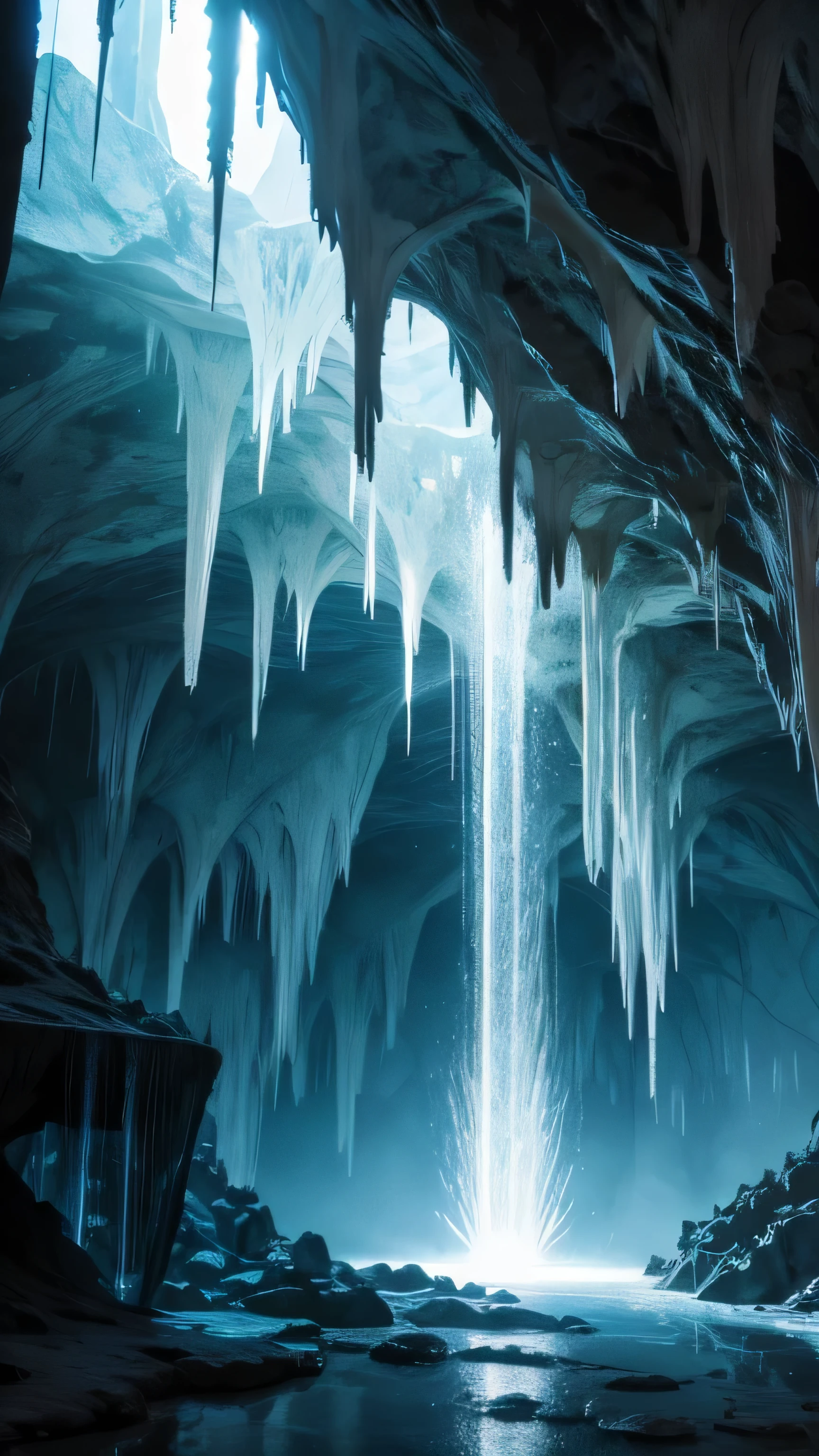 Strange stalactites shine inside a limestone cave