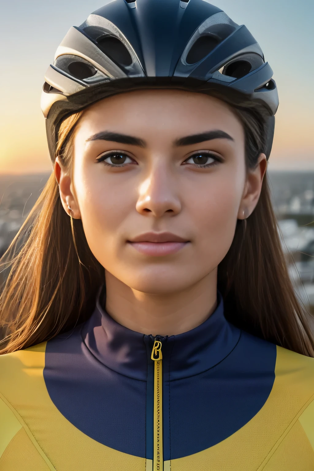 Confident and sunny woman，Wear cycling clothes，Wear a cycling helmet，Riding a bike, sunset background, wide angle, aerial view, （Balance photos， contrasting light， Sony a6600 Mirrorless Camera， ƒ/1.4， ISO 1600， 11mm ， even skintone， ambrotype， afofuturism）， skin pore， skin blemish， highly detailed hair， Highly detailed body， highly detailedskin， highly-detailed face， tack sharp focus， insanely details， iintricate， tmasterpiece， HighestQuali，Half-body diagram