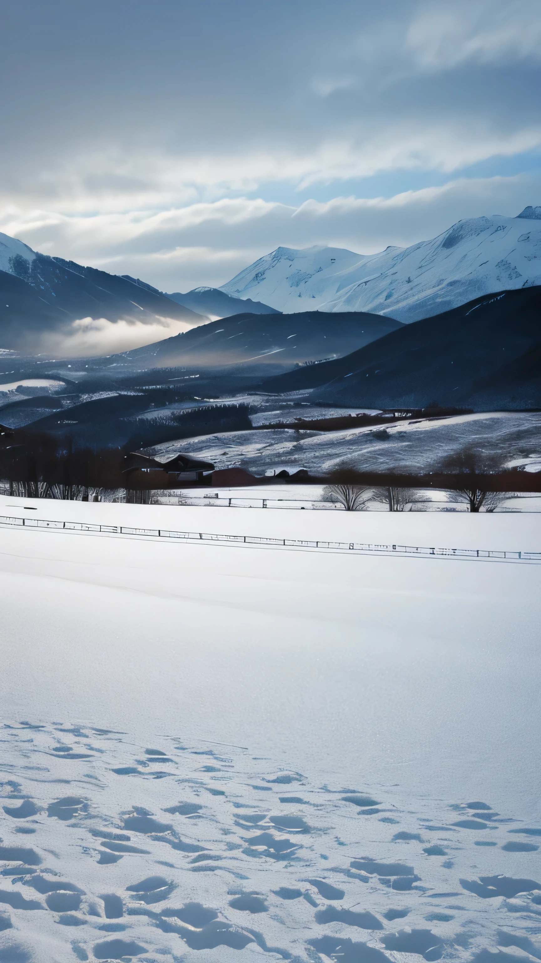 A landscape of snowy fields shrouded in silence