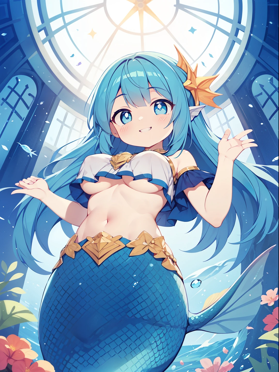 (mermaid girl:1.2), (1 person:1.2),(10 year old girl)、young girl、big breasts、 nffsw、shader、highly detailed eyes、big breasts、loose and fluffy long hair,、underboob、valley、blue hair、silky hair、mermaid figure(Mini T-shirt、The lower body is a fish、Beautiful scales)、Very complex pupils、highest quality、bright colors、Bust 100、rests、Standing picture of the game、Stirring composition、Composition looking up from below、Lift your with your hands、Pose that emphasizes the chest、fold your arms、grinning expression、eyes half closed、open your mouth、stinky eyes、evil face、bullish smile、fold your hands behind your back、Hide your hands、evil smile、whole body、god々New、in water、seabed