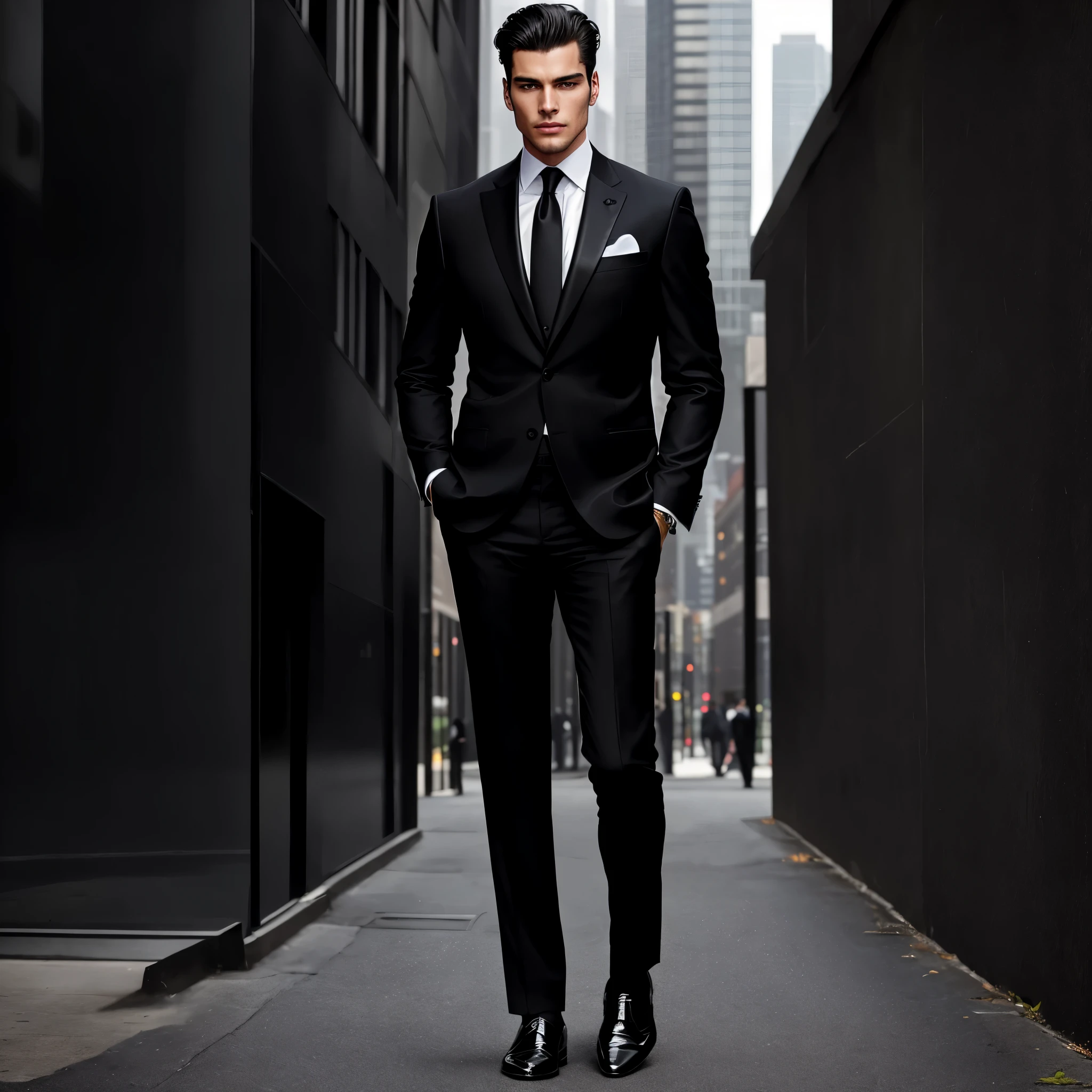 Stable Diffusion prompt: formal black suit man

Explanation:

Amidst the bustling cityscape, a formal black suit man exudes an air of elegance and sophistication. Clad in a meticulously tailored black suit, the man's figure stands out against the urban backdrop. The immaculate suit, made from the finest fabric, reflects the sunlight, displaying a sheen that adds to his stylish attire. The man's facial features are sharp and defined, his piercing gaze conveying an aura of confidence and intelligence. His black leather shoes mirror the polished shine of his suit, completing his sophisticated look.

The high contrast lighting casts dramatic