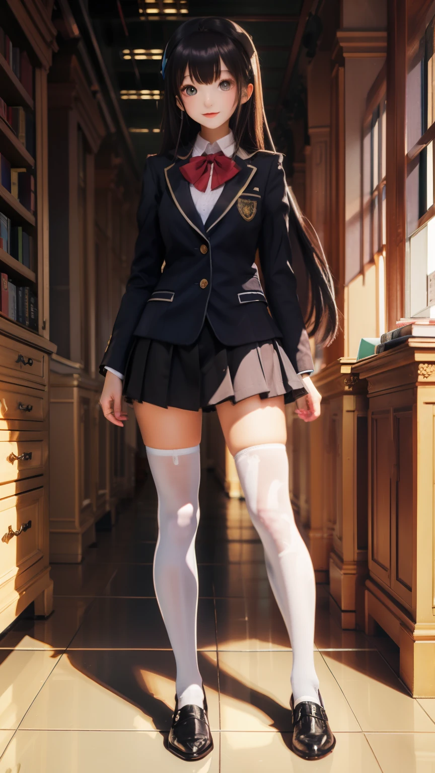 standing alone in the library hallway,bright light,Bright hallway,highest quality, full body portrait, delicate face, cute face, Female, , slim body shape, small bust, high school uniform,double skirt suit, white knee high stockings,