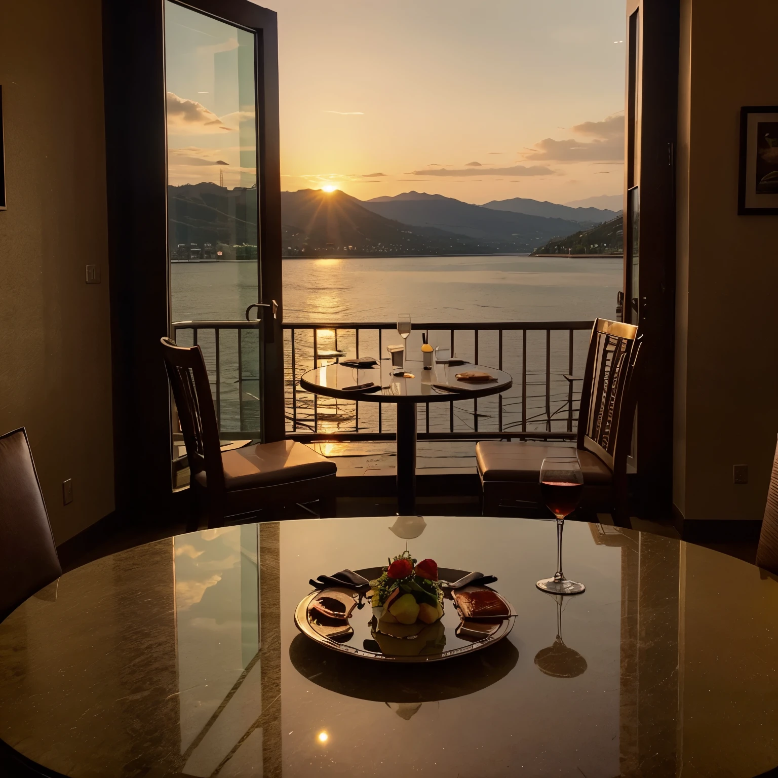3 types of table arrangement in a restaurant, expensive restaurant, sunset and lake view