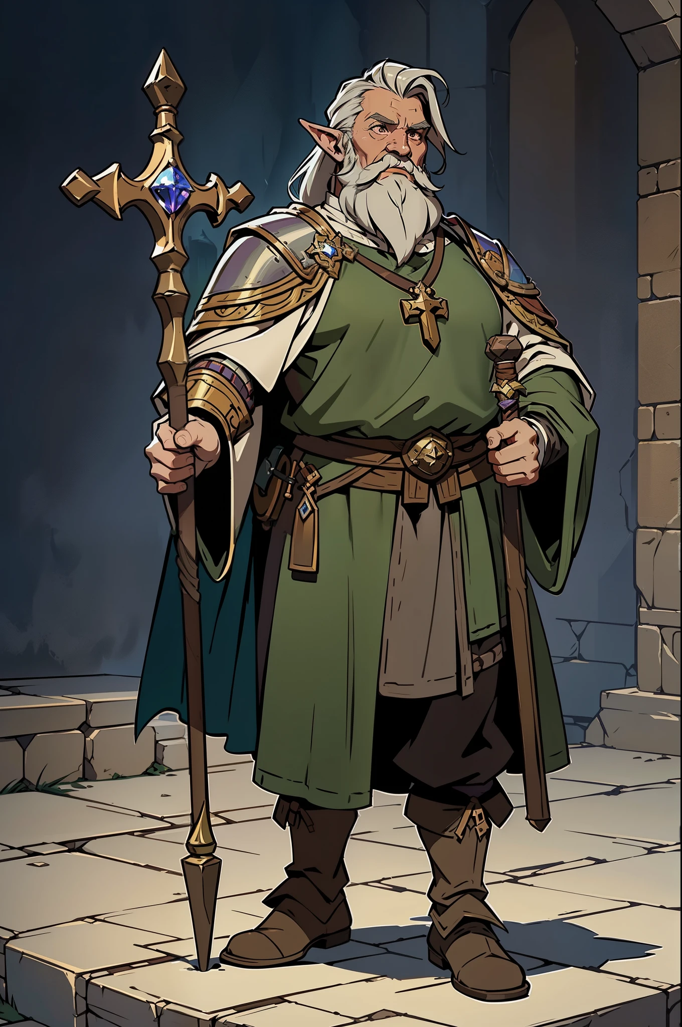 masterpiece, 1man, extremely detailed character, full body shot, best quality, dnd, dungeons and dragons, dnd character, character, (Dwarf), (Cleric, Healer), small height, medieval era, fantasy clothes, anime style, (medieval healer suit), staff, cross