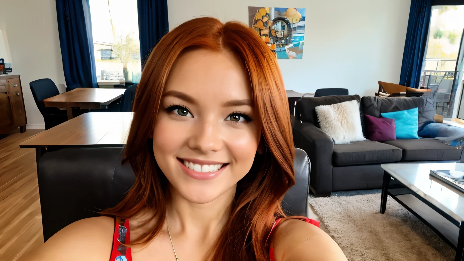 selfie ,of a sexy , cute happy, business girl, winking, redhead , brown honey eyes girl, american girl ;, in a bright living room , youtuber ambiance, influencer.